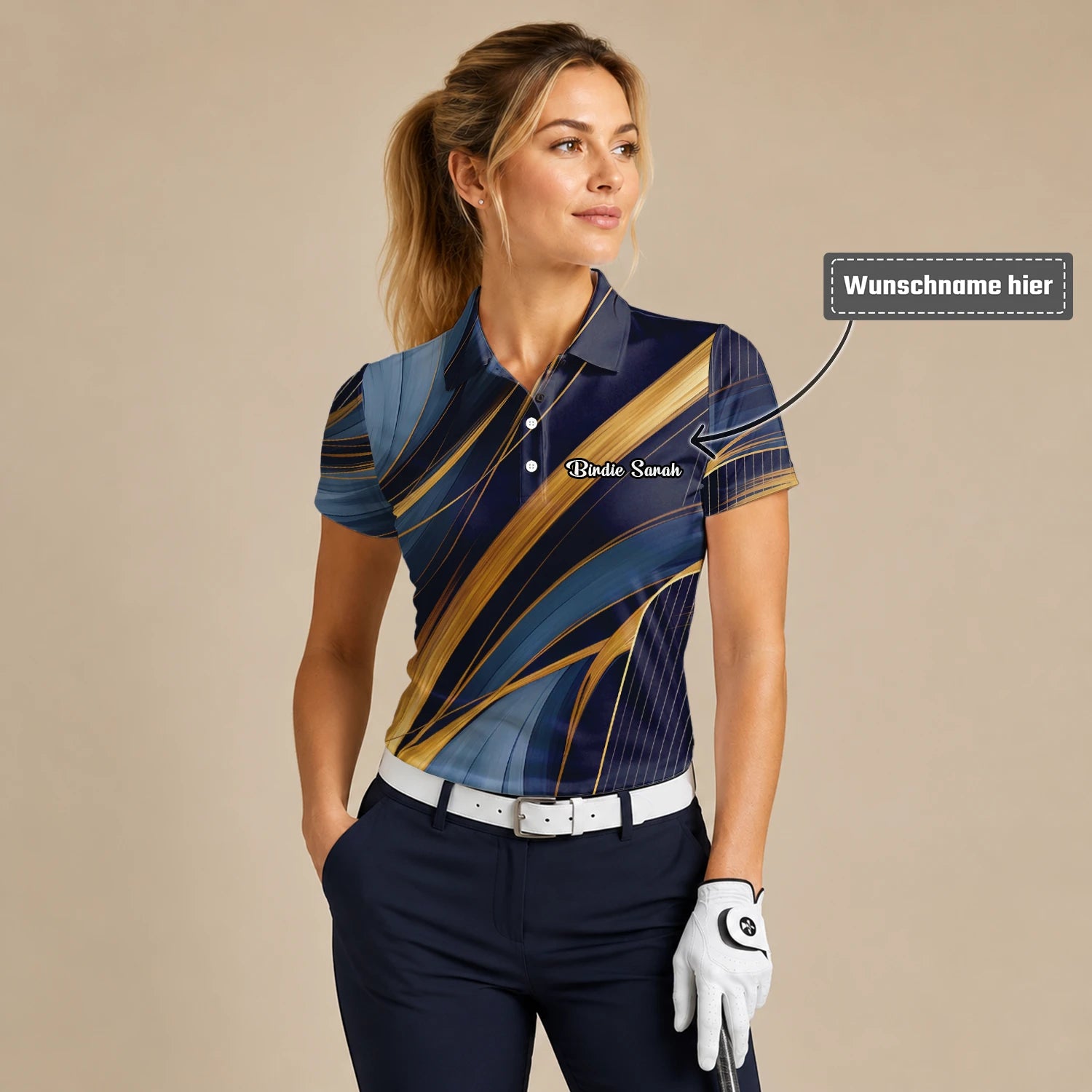 Personalisiertes Golf Poloshirt in Marineblau-Gold mit abstraktem Bänder-Design für Damen V6882