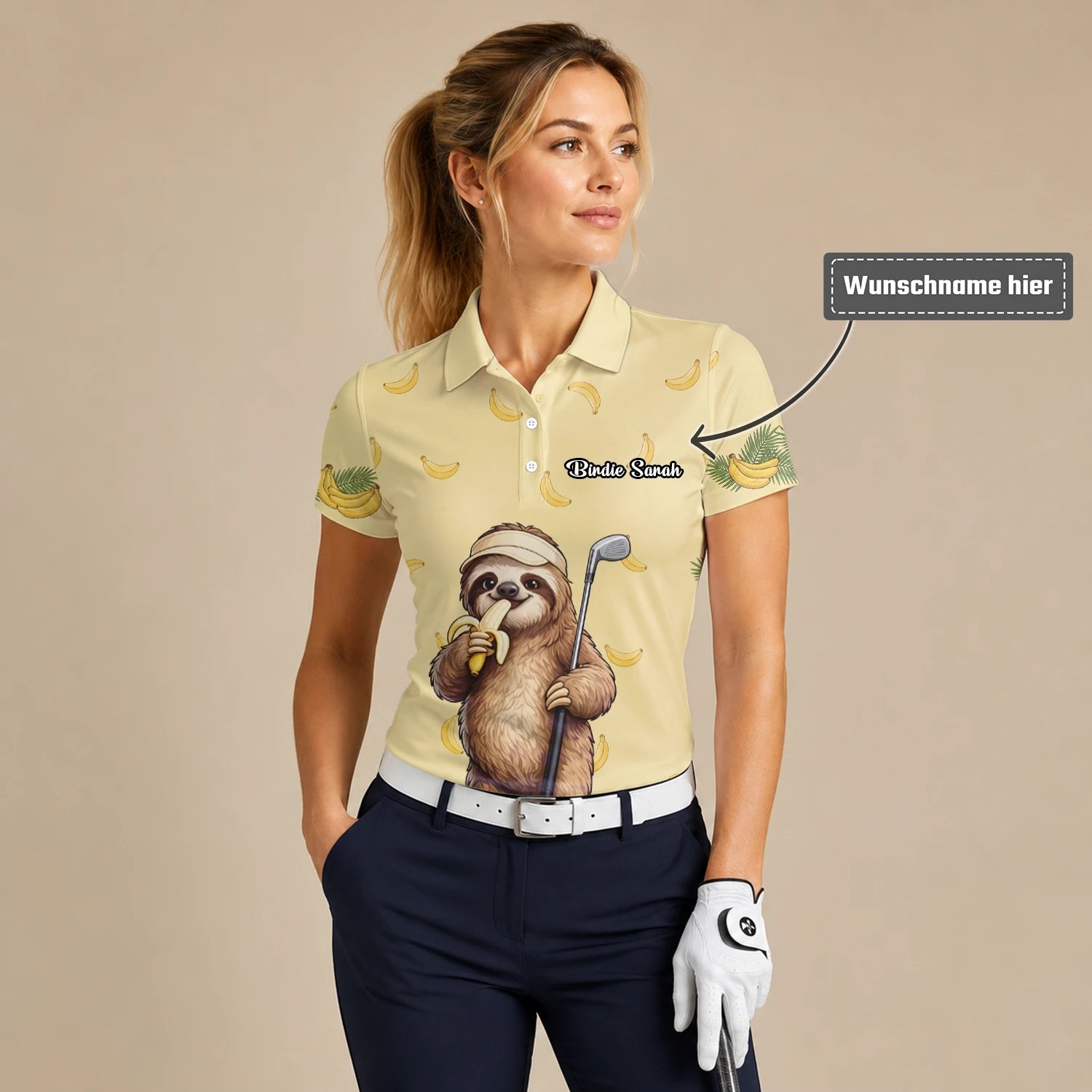 Personalisiertes Golf Poloshirt Hellgelbes Faultier Banane Golfer Cartoon Design für Damen G3327