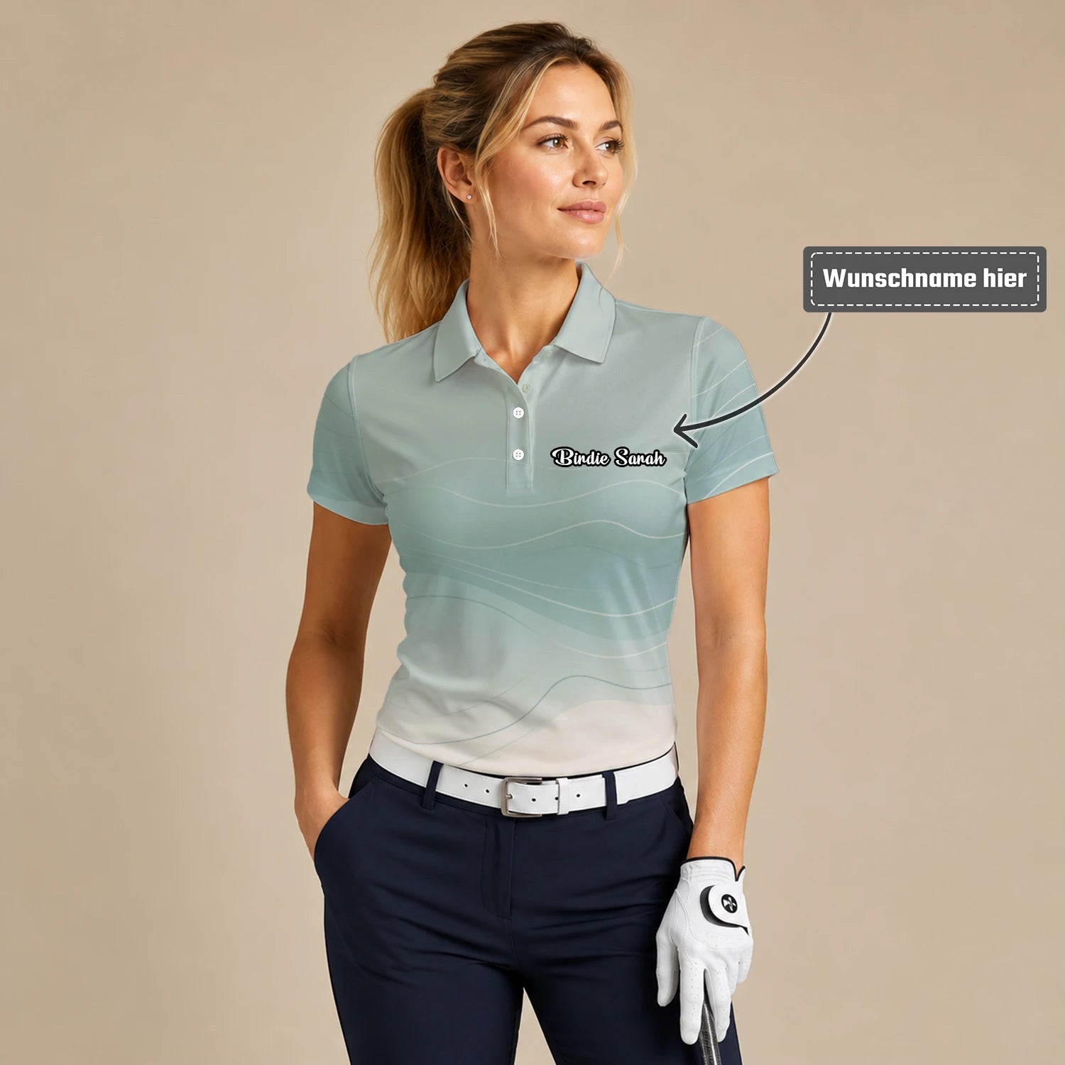 Personalisiertes Golf Poloshirt Salbeigrün Beiges Abstraktes Wellen Design für Damen X8036