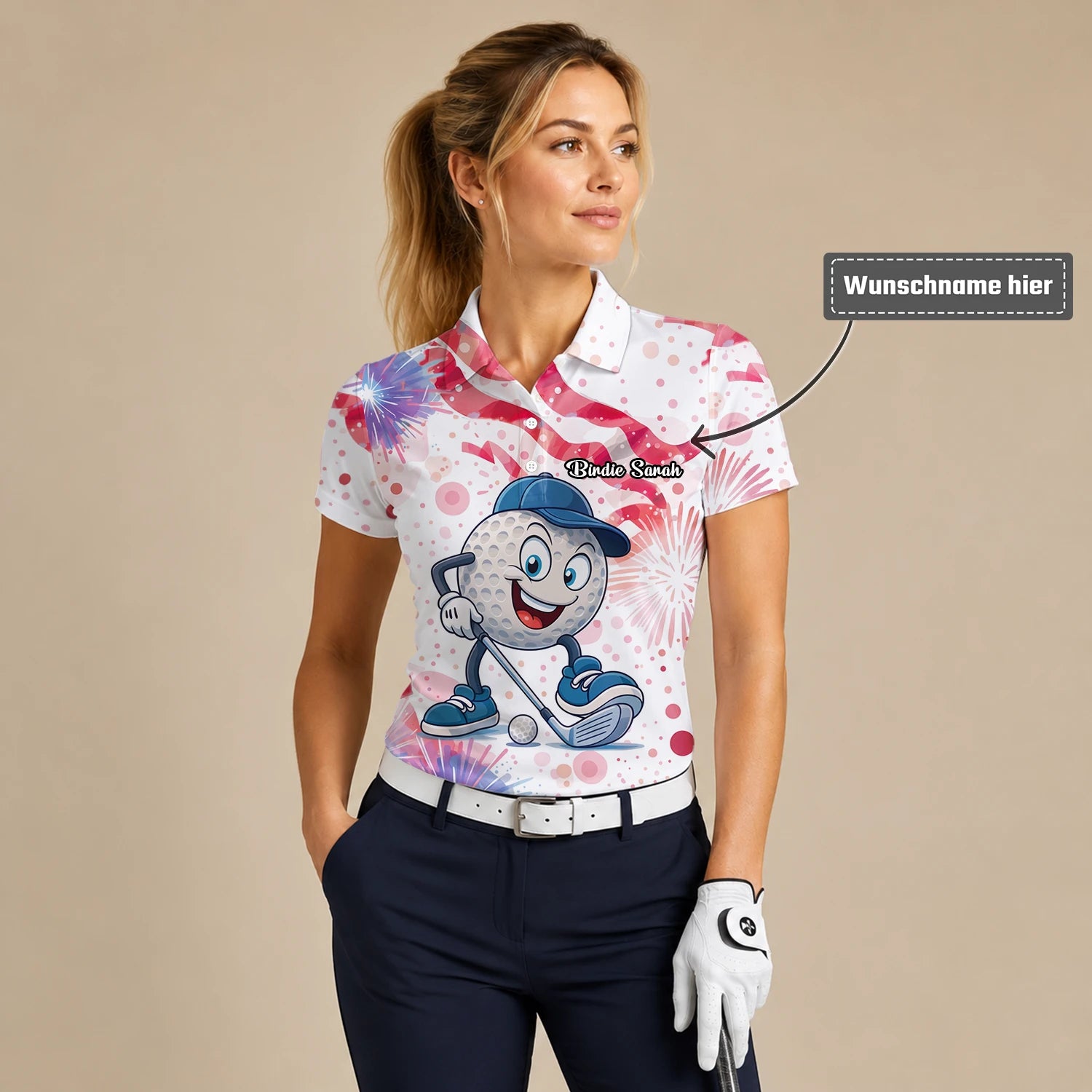 Personalisiertes Golf Poloshirt Weiß Rosa Golfball Cartoon Feuerwerk Design für Damen C2083
