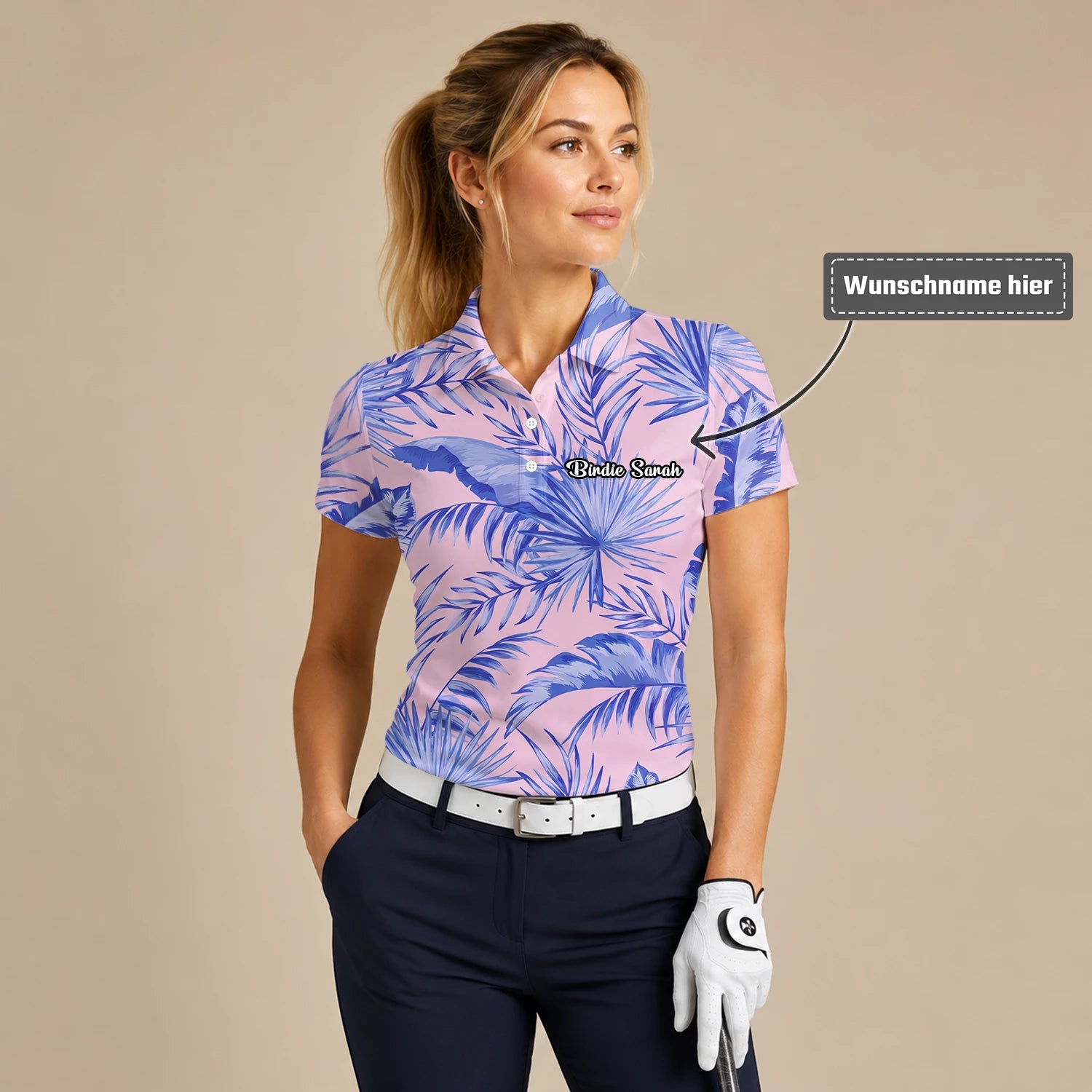 Personalisiertes Golf Poloshirt Rosa Lavendel Tropisches Palmenblätter Design für Damen M3354