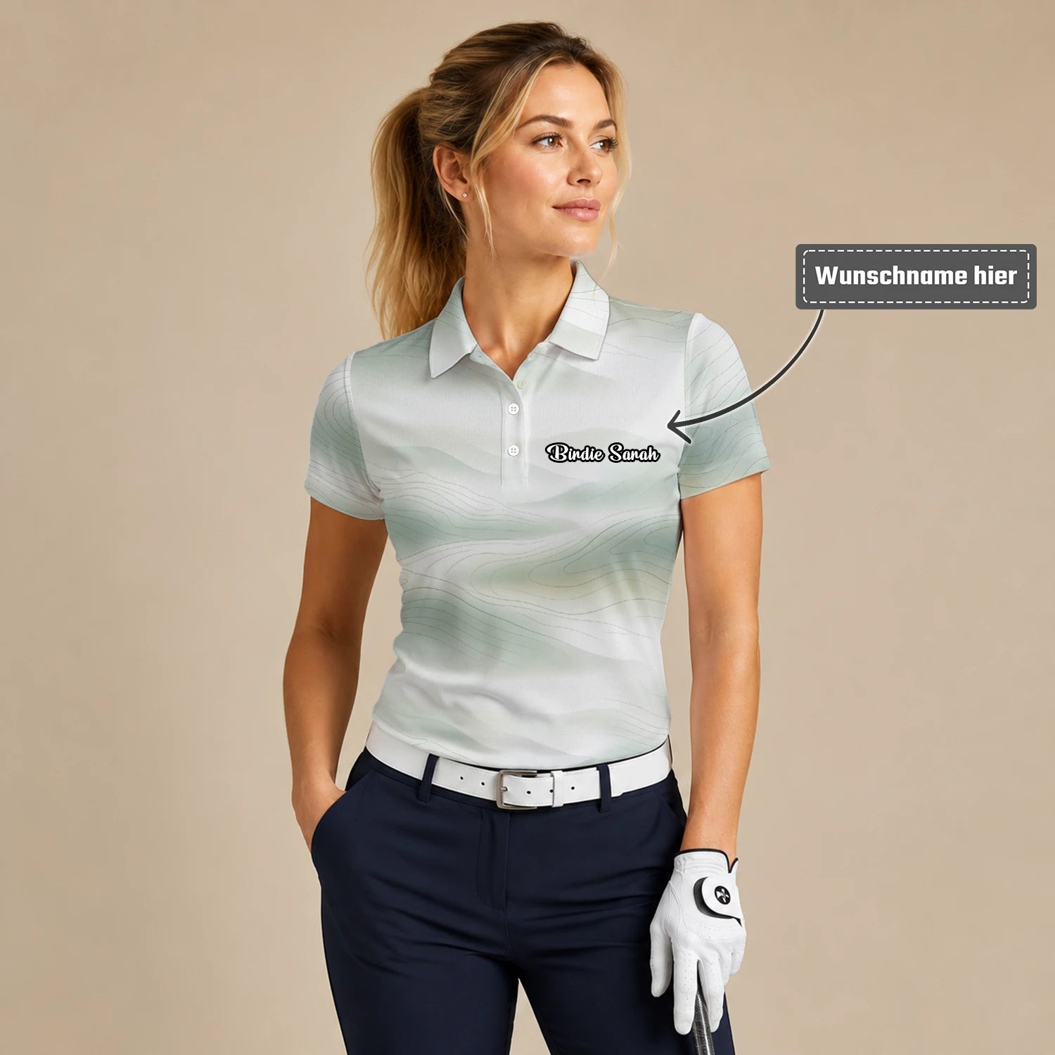 Personalisiertes Golf Poloshirt Weiß Salbeigrünes Abstraktes Wellen Design für Damen F8070