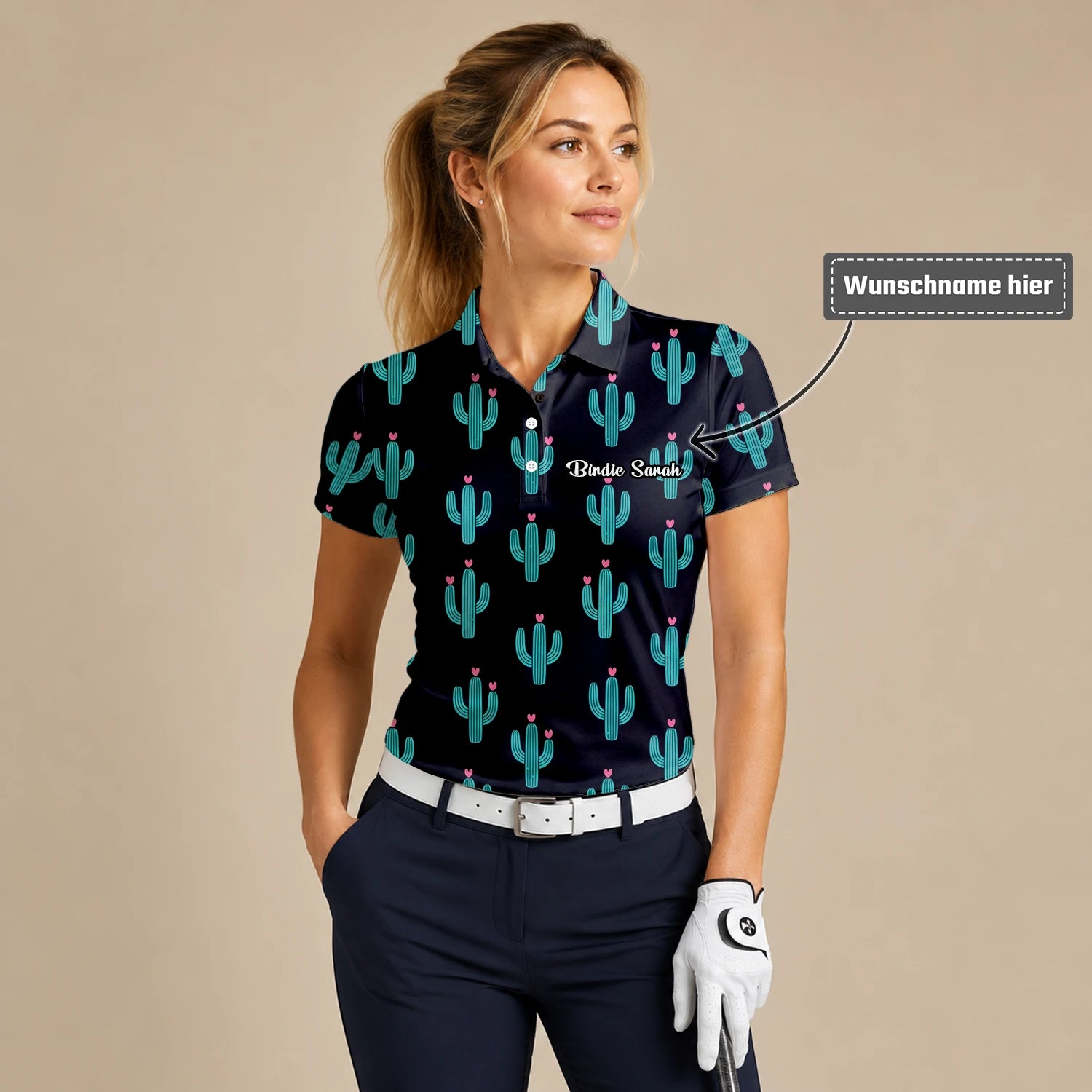 Personalisiertes Golf Poloshirt Schwarz Türkis Kaktus Herz Design für Damen L0709