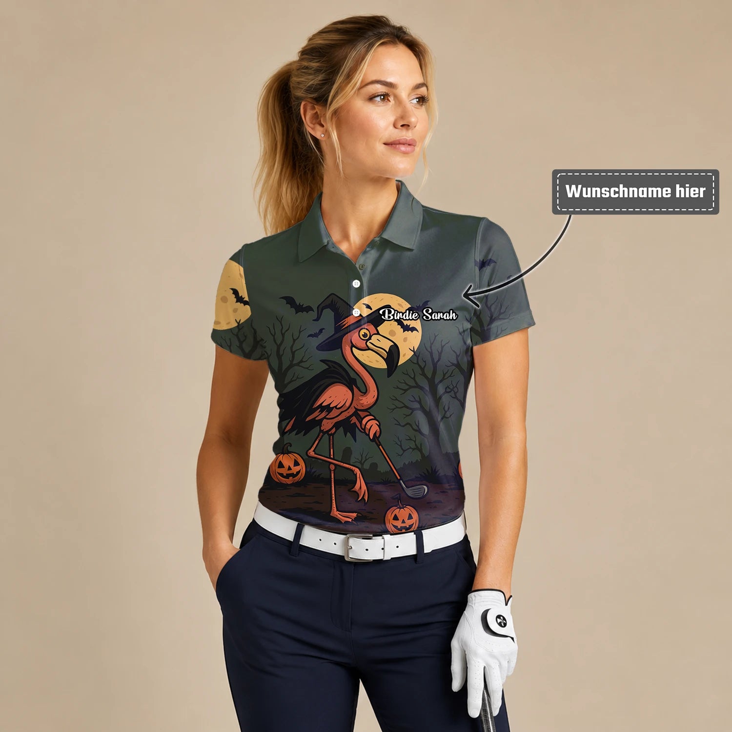 Personalisiertes Golf Poloshirt Olivgrünes Halloween Flamingo Hexe Golfer Kürbis Design für Damen X5811