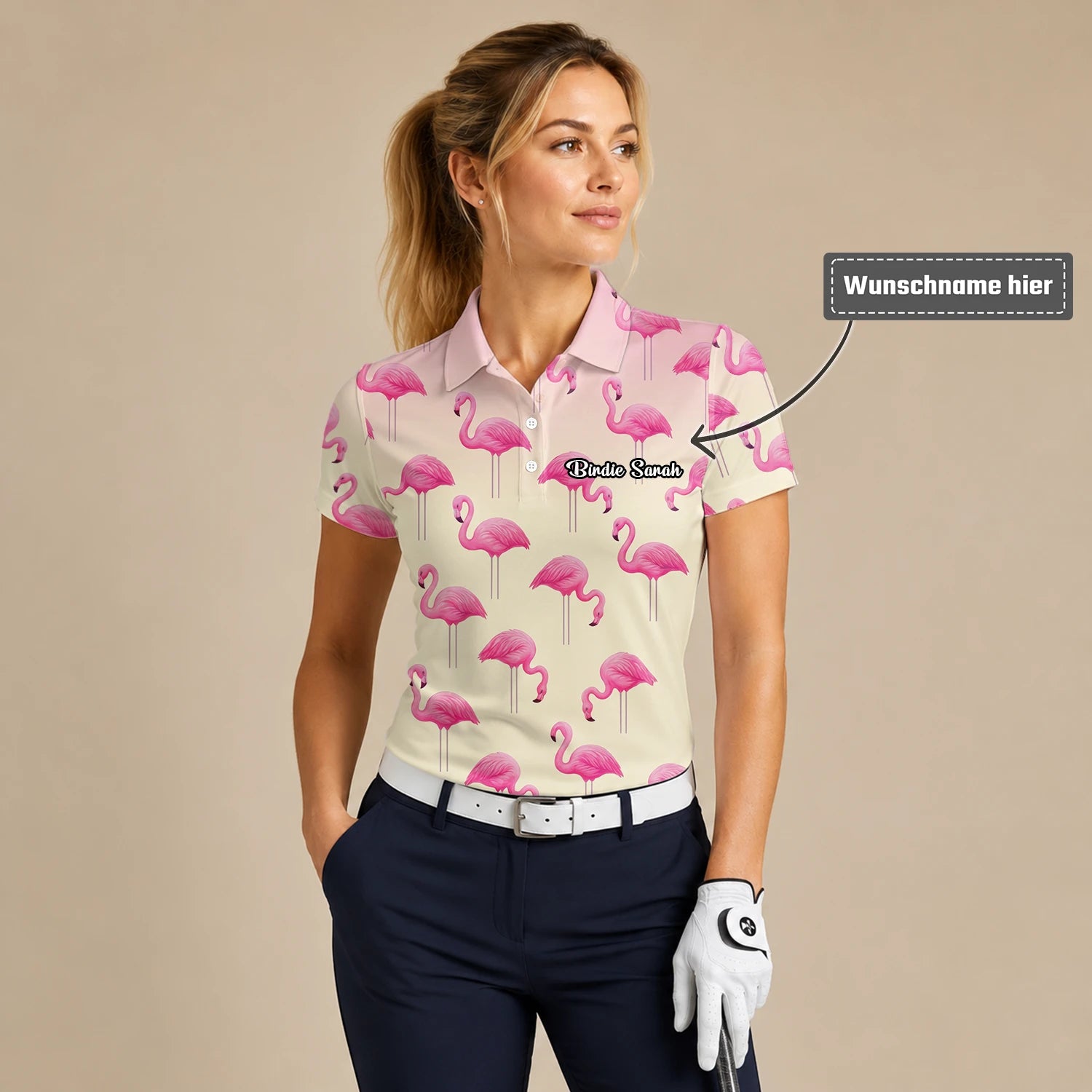 Personalisiertes Golf Poloshirt Creme Rosa Flamingo Design für Damen P5242