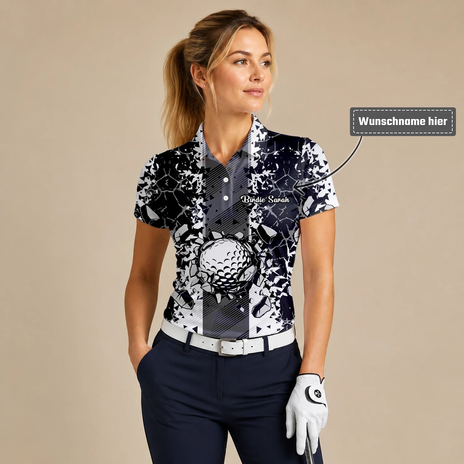Personalisiertes Golf Poloshirt Schwarz Weißes Golfball Glassplitter Design für Damen F6407