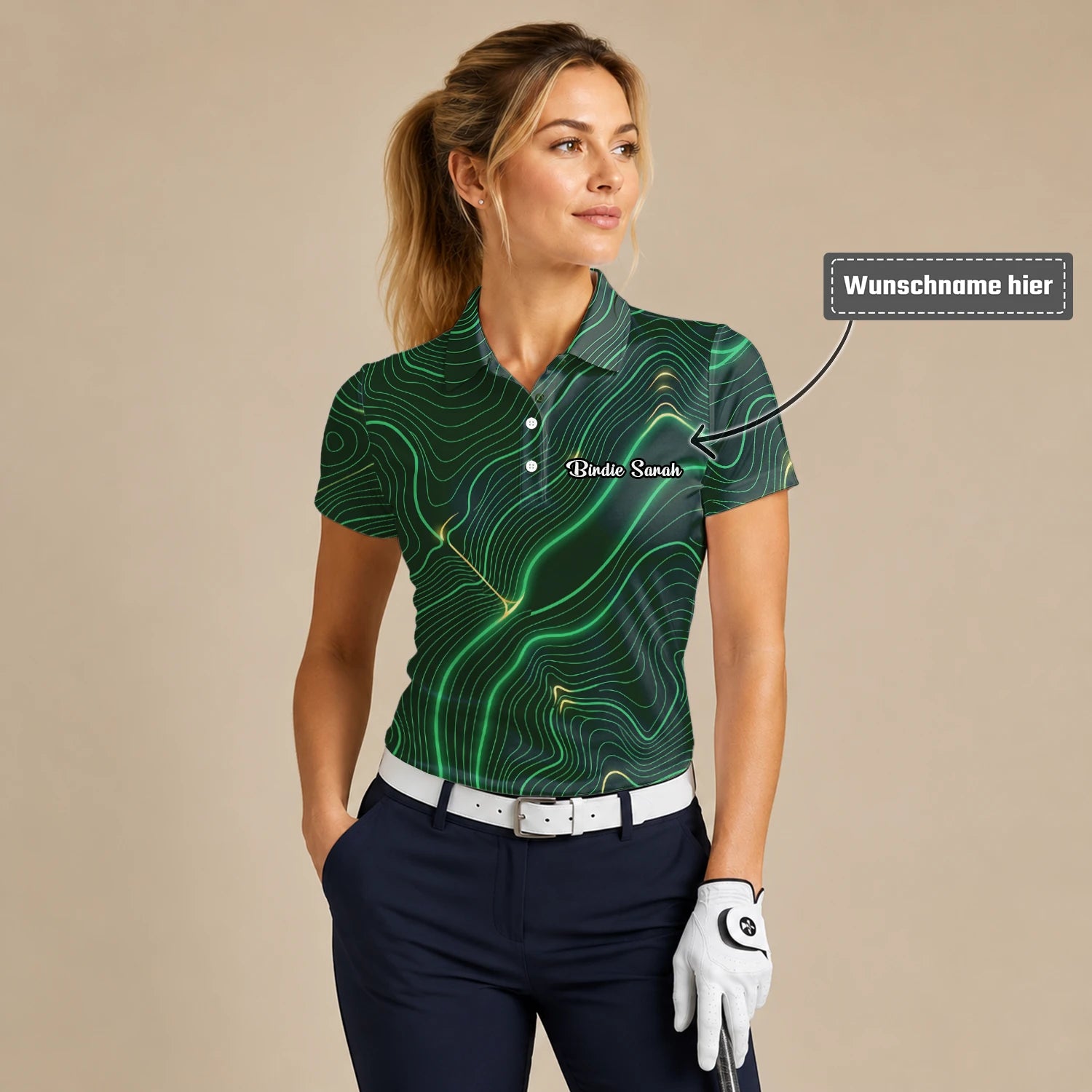 Personalisiertes Golf Poloshirt Grün Schwarzes Topografisches Linien Design für Damen E4992