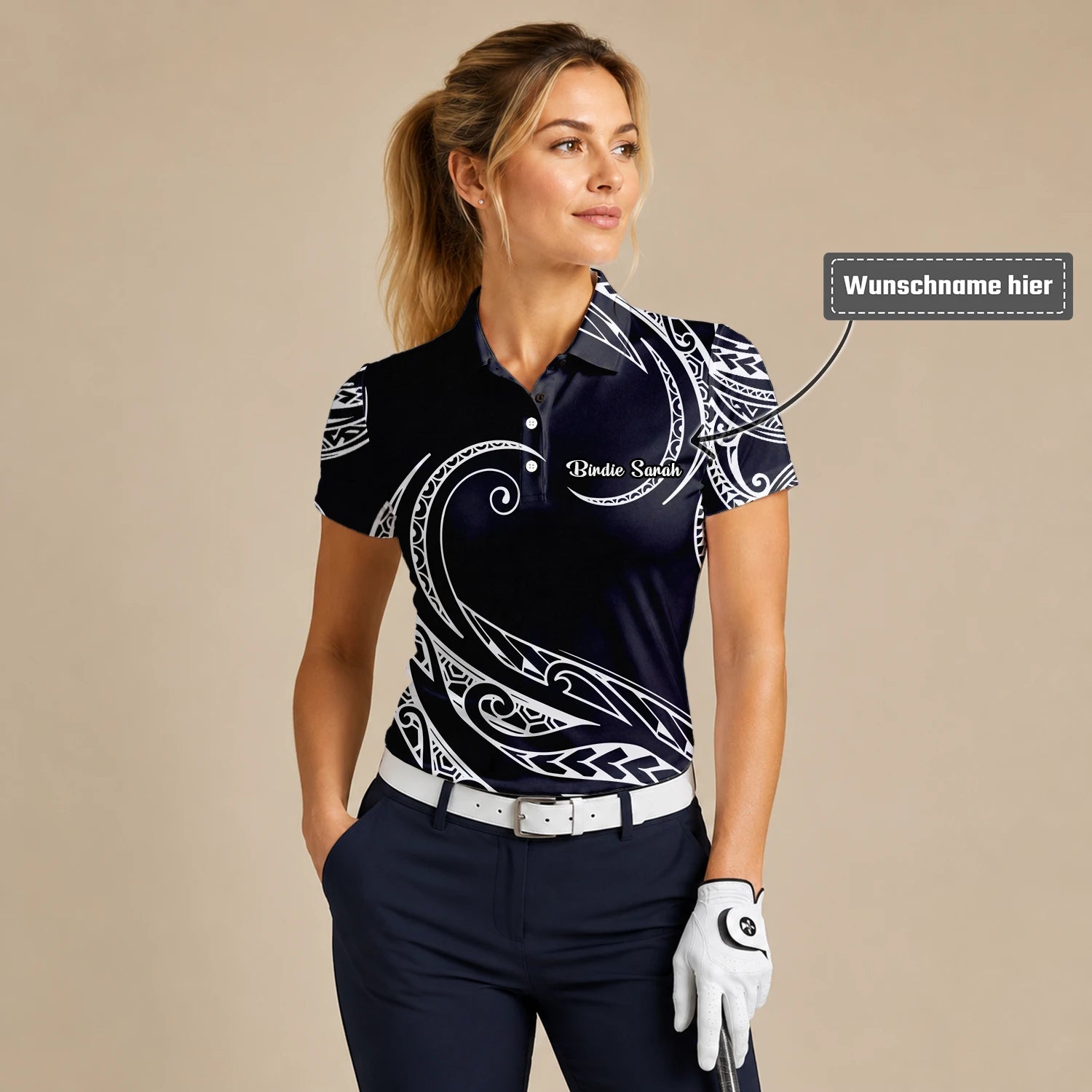Personalisiertes Golf Poloshirt Schwarz Weißes Tribal Wellen Design für Damen R9560