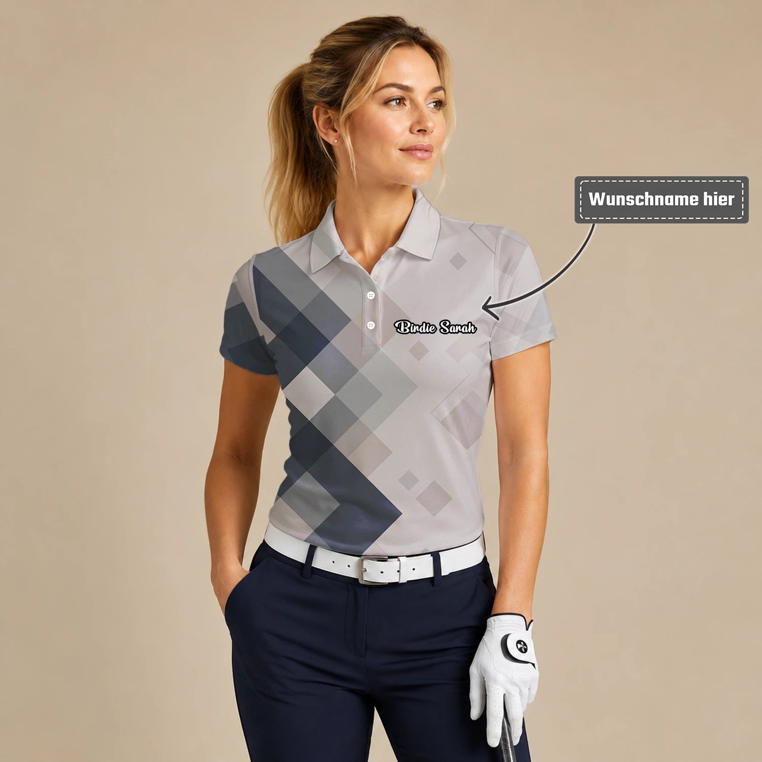 Personalisiertes Golf Poloshirt Beige Graues Rauten Muster für Damen Z6499
