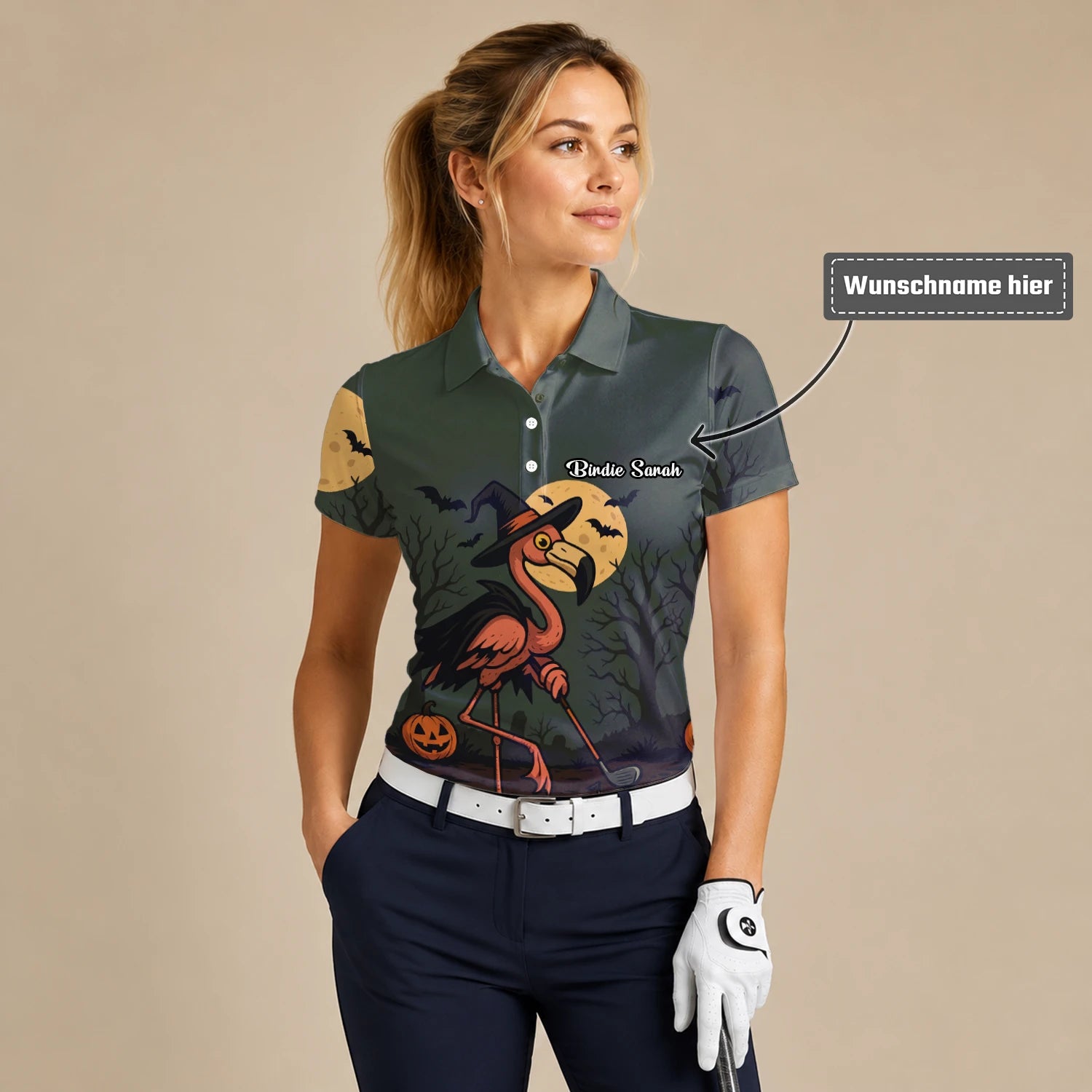 Personalisiertes Golf Poloshirt Olivgrünes Halloween Flamingo Hexe Golfer Kürbis Design für Damen X5811
