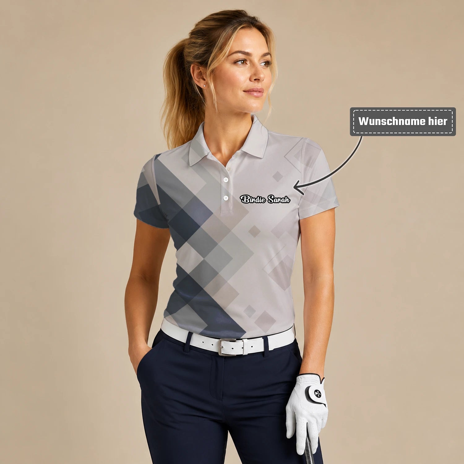 Personalisiertes Golf Poloshirt Beige Graues Rauten Muster für Damen Z6499