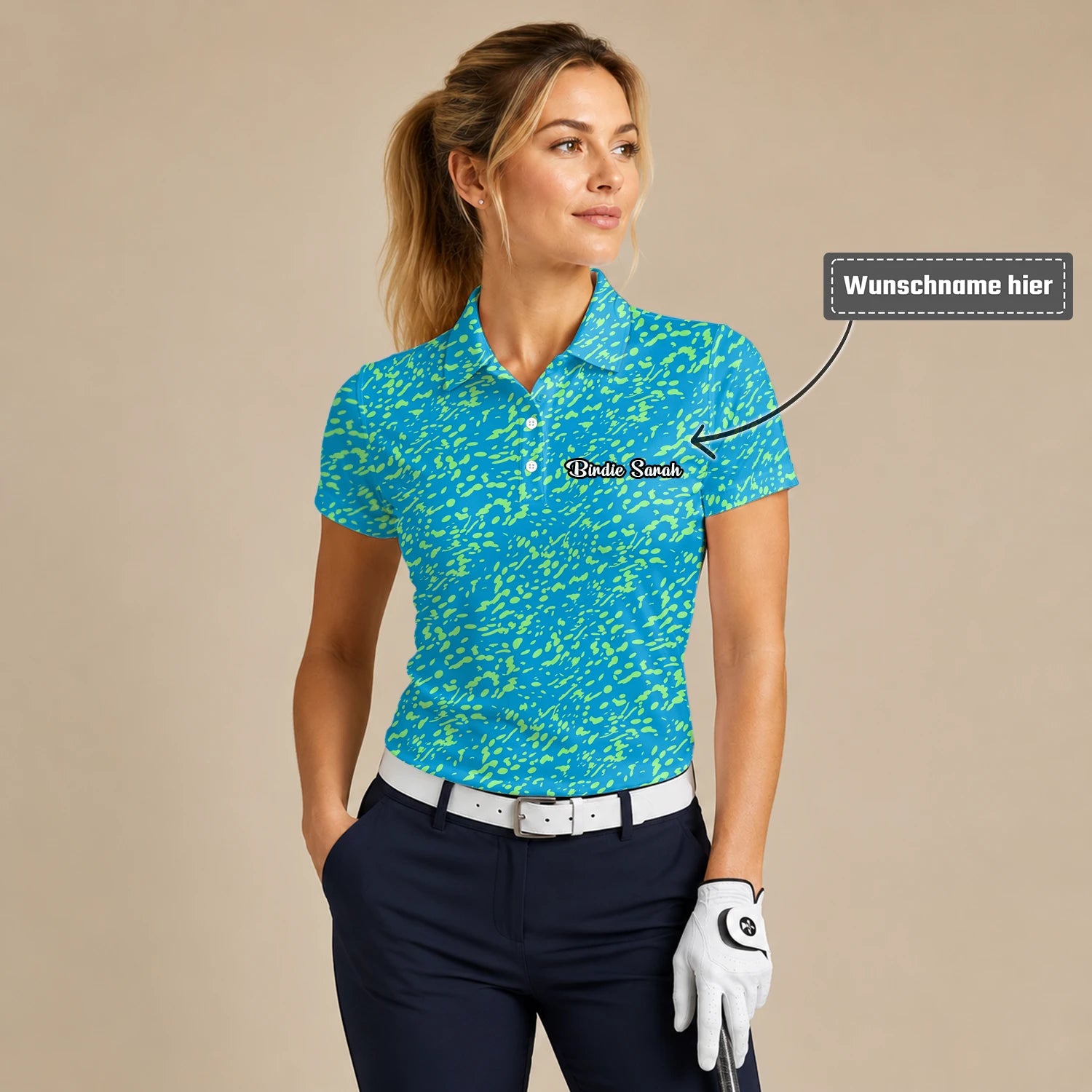 Personalisiertes Golf Poloshirt Türkis Limettengrünes Farbklecks Design für Damen G8287