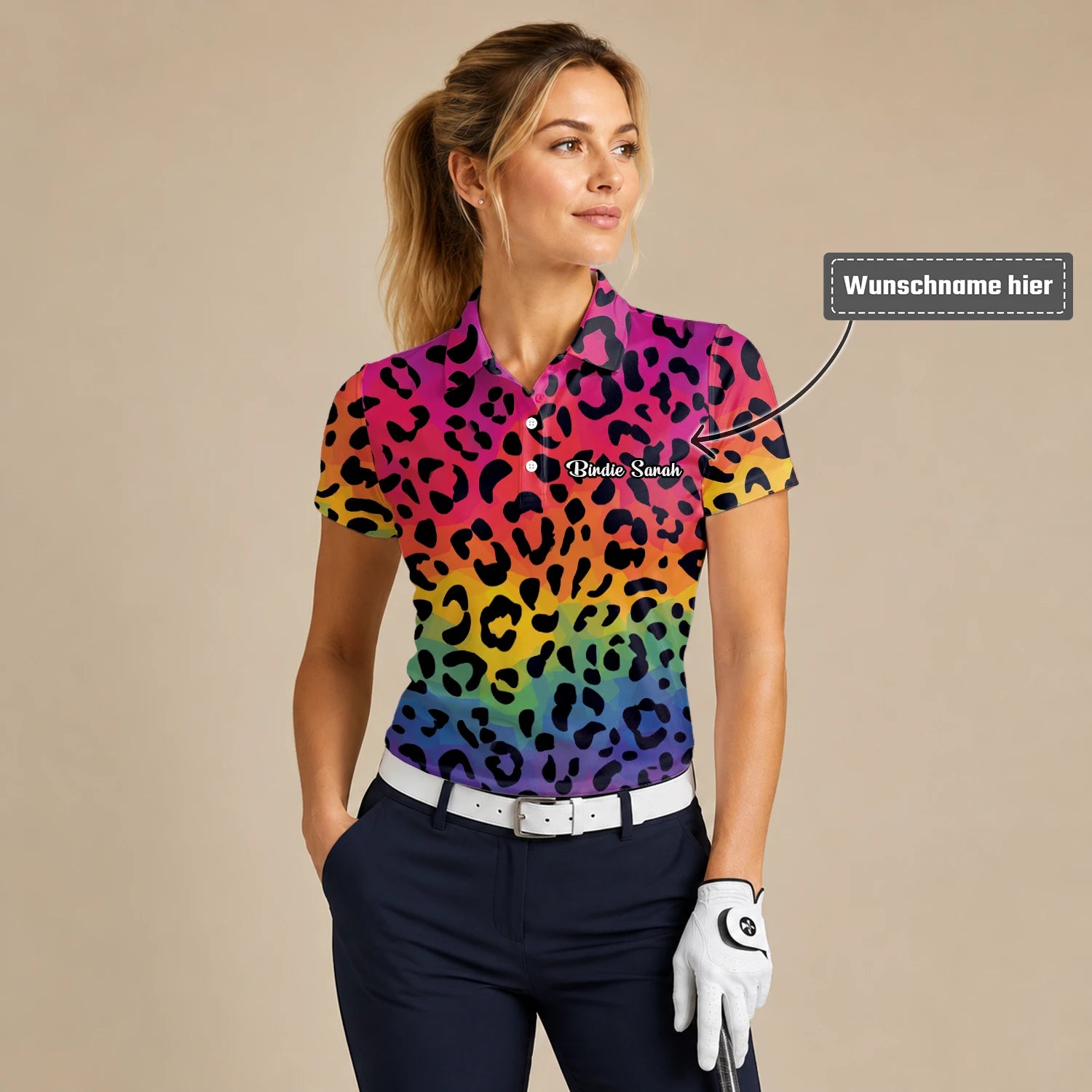 Personalisiertes Golf Poloshirt Regenbogen Leo Print Design für Damen X1632
