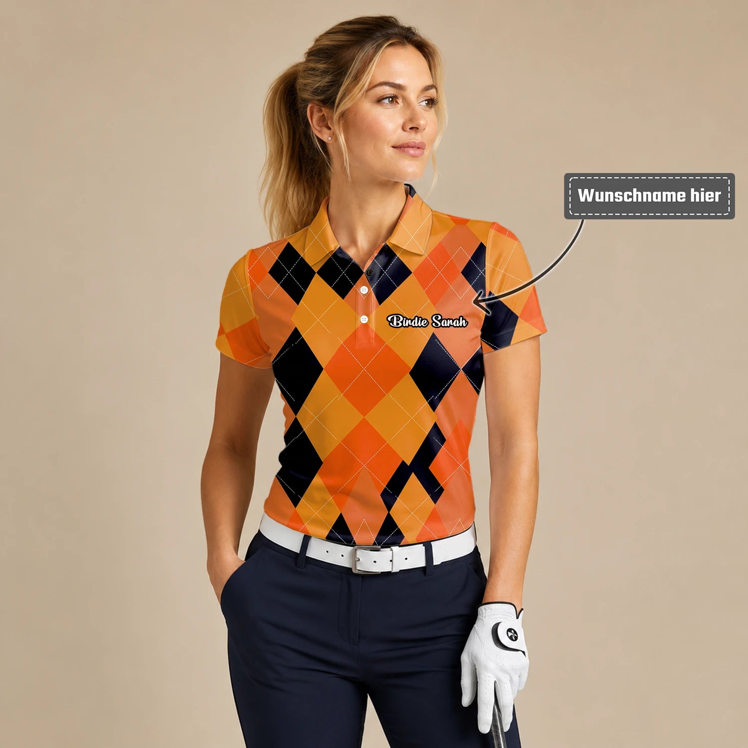 Personalisiertes Golf Poloshirt Orange Schwarzes Rauten Muster für Damen C4203