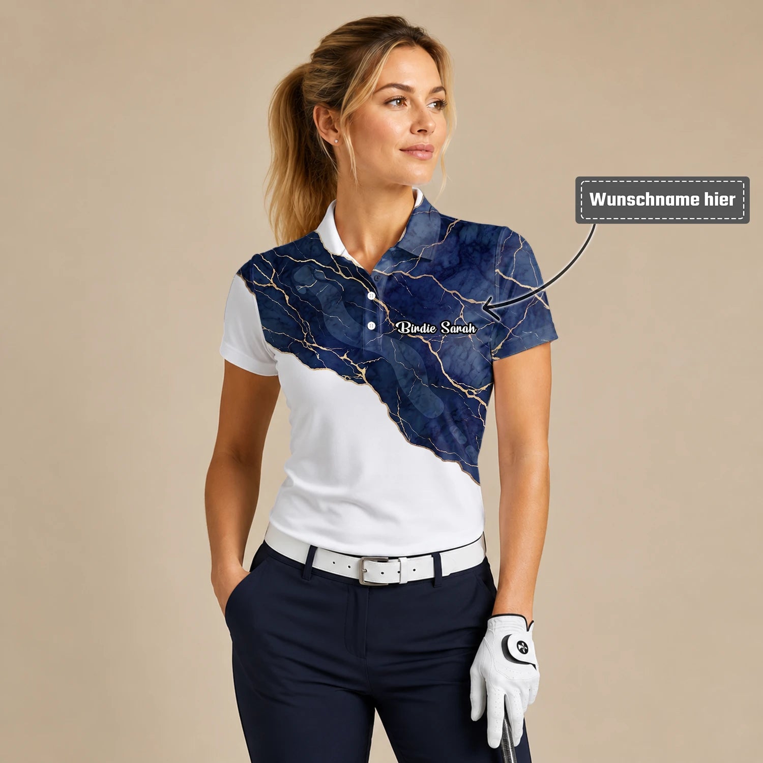 Personalisiertes Golf Poloshirt Weiß Marineblaues Marmor Goldadern Design für Damen B4939