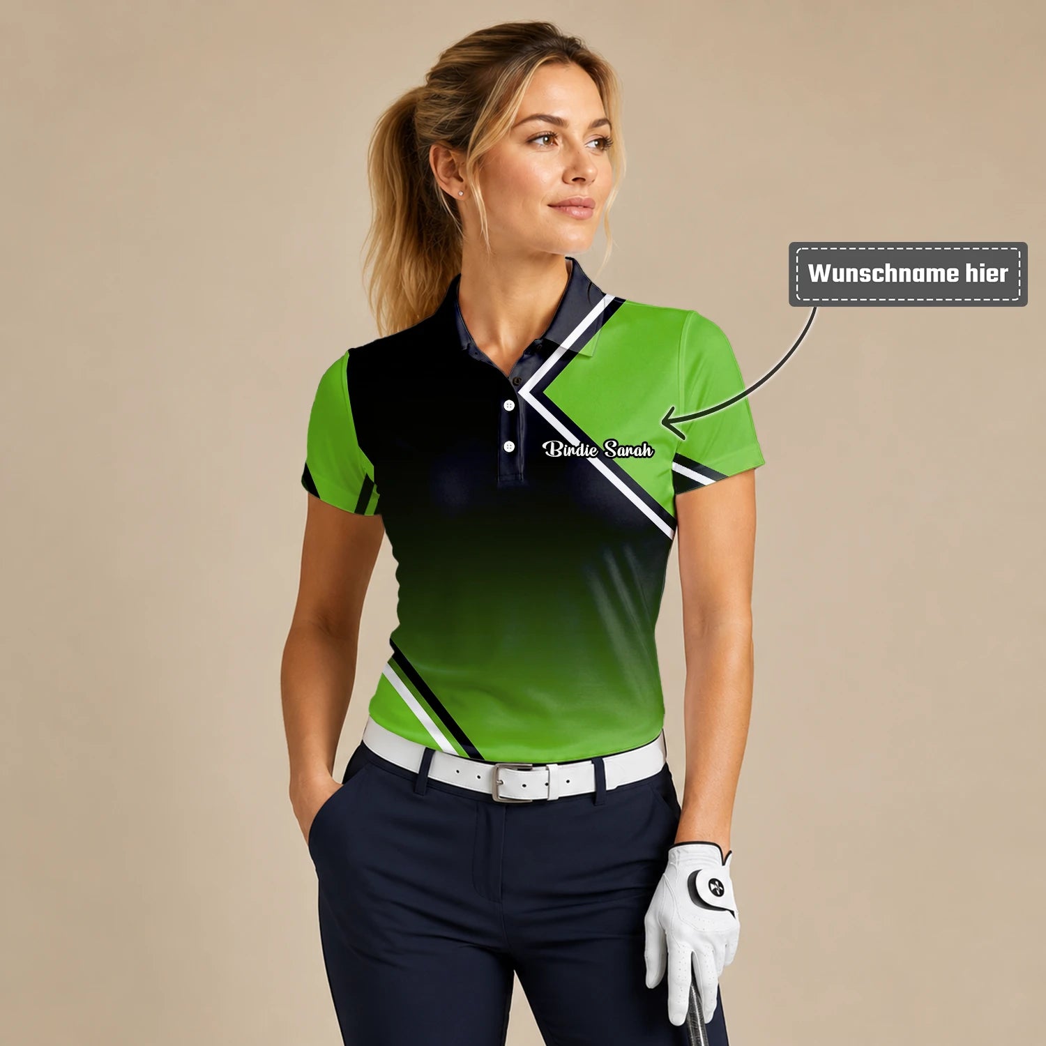 Personalisiertes Golf Poloshirt Schwarz Grünes Geometrisches Streifen Design für Damen V2638