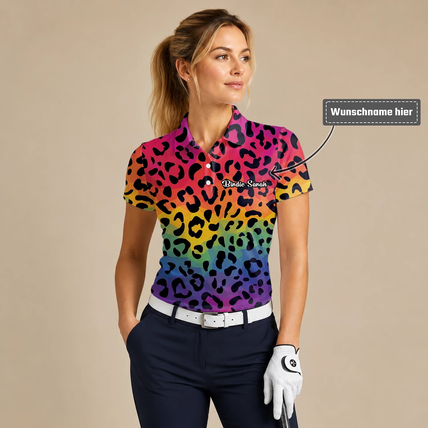 Personalisiertes Golf Poloshirt Regenbogen Leo Print Design für Damen X1632