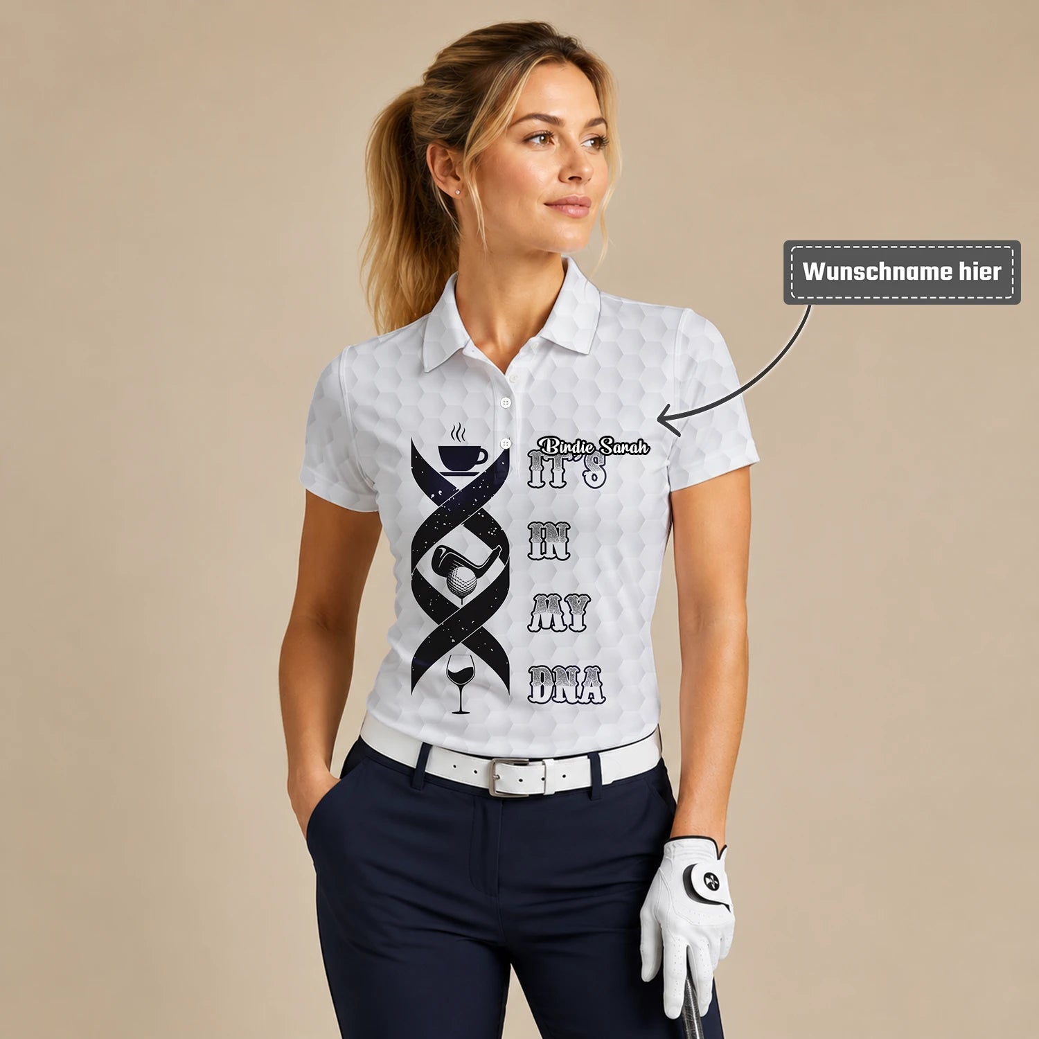 Personalisiertes Golf Poloshirt Weißes Golf In My DNA Spruch Design für Damen W3018