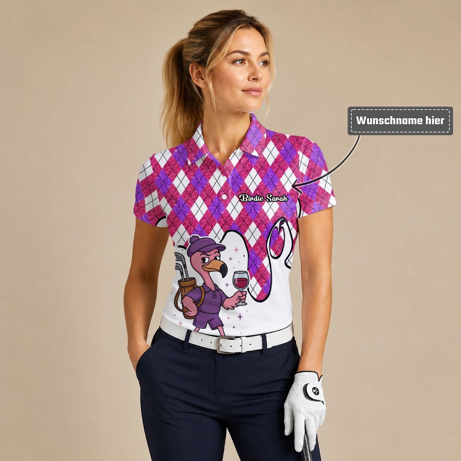Personalisiertes Golf Poloshirt Pink Lila Rauten Strauß Golfer Cartoon Design für Damen D7000