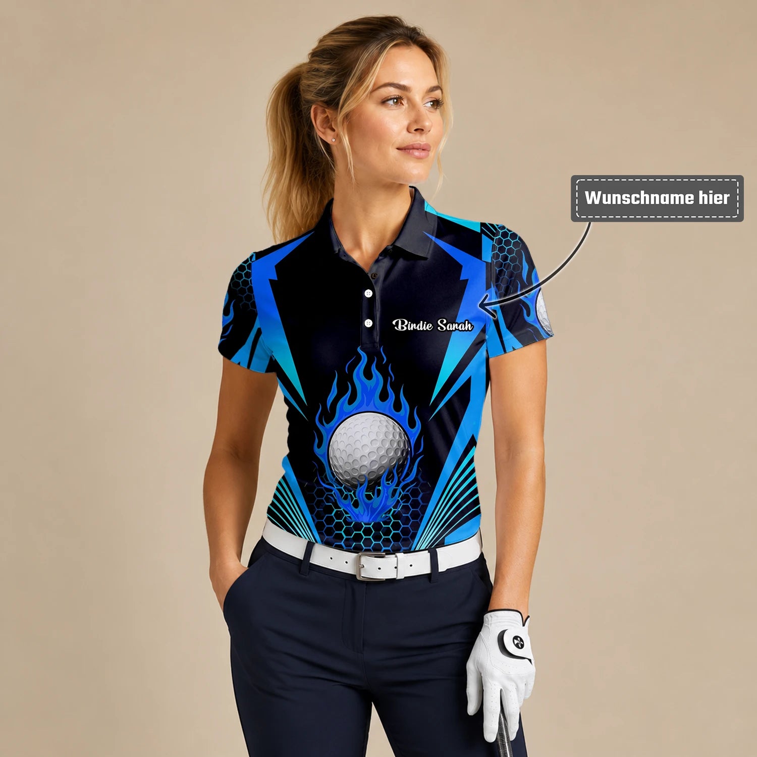 Personalisiertes Golf Poloshirt Schwarz Blaues Golfball Flammen Design für Damen Y8576
