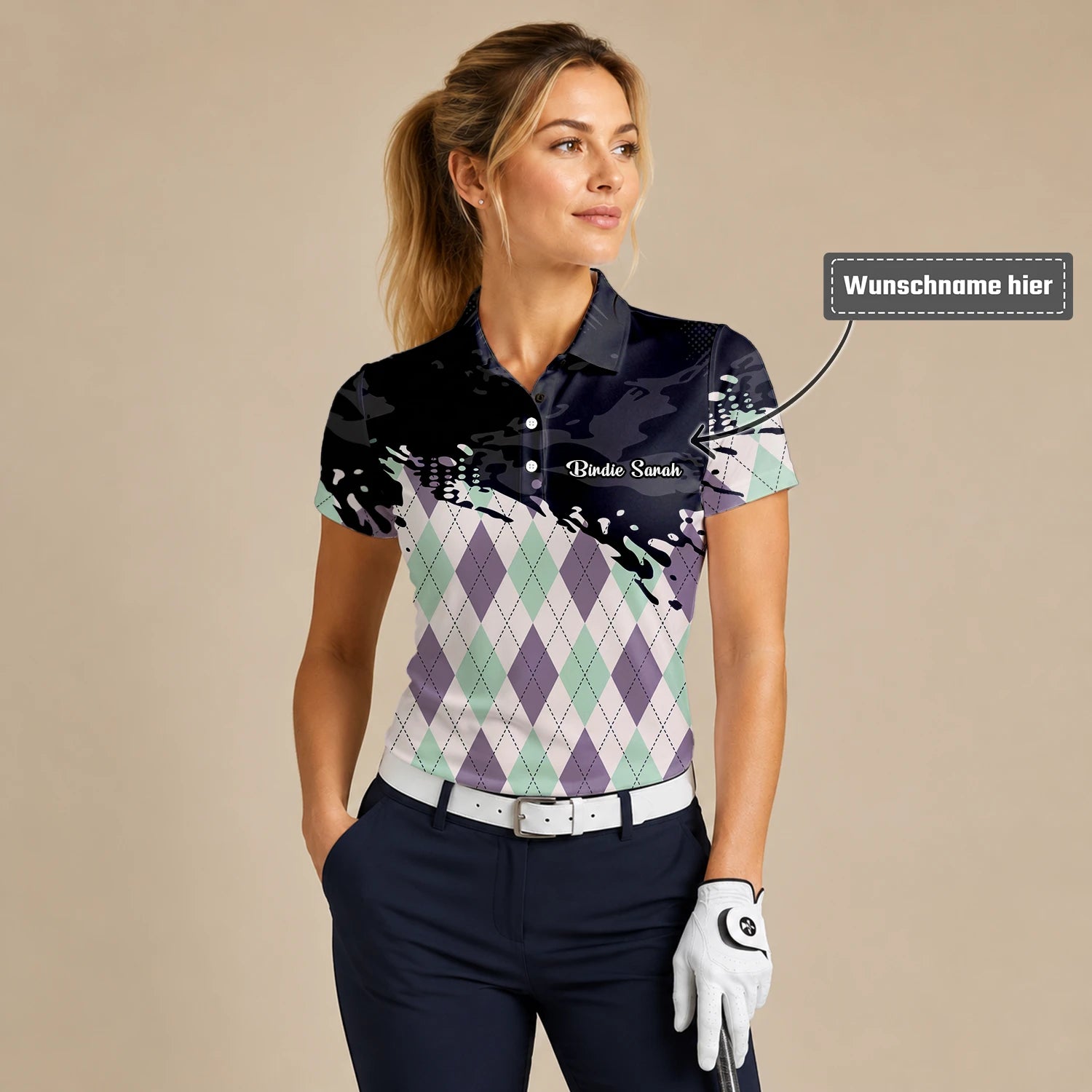 Personalisiertes Golf Poloshirt Schwarz Mint Lila Rauten Farbklecks Design für Damen C5124
