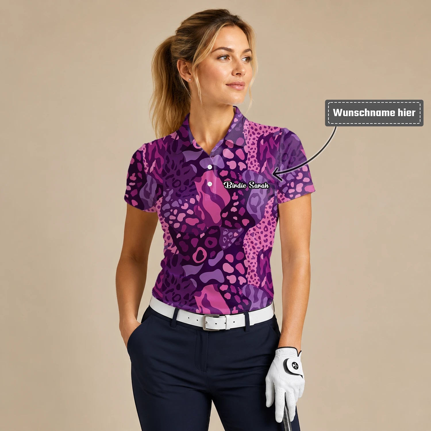 Personalisiertes Golf Poloshirt Lila Rosa Leo Camo Design für Damen I6540