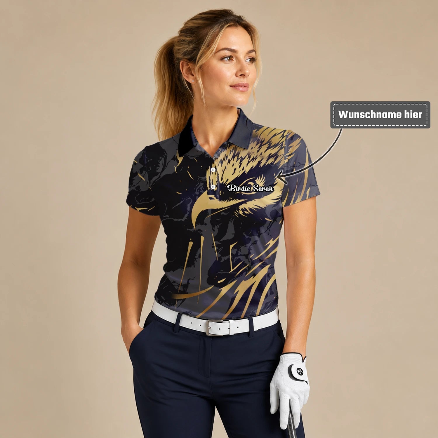 Personalisiertes Golf Poloshirt in Schwarz-Gold mit Adlerfeder-Motiv für Damen F0802