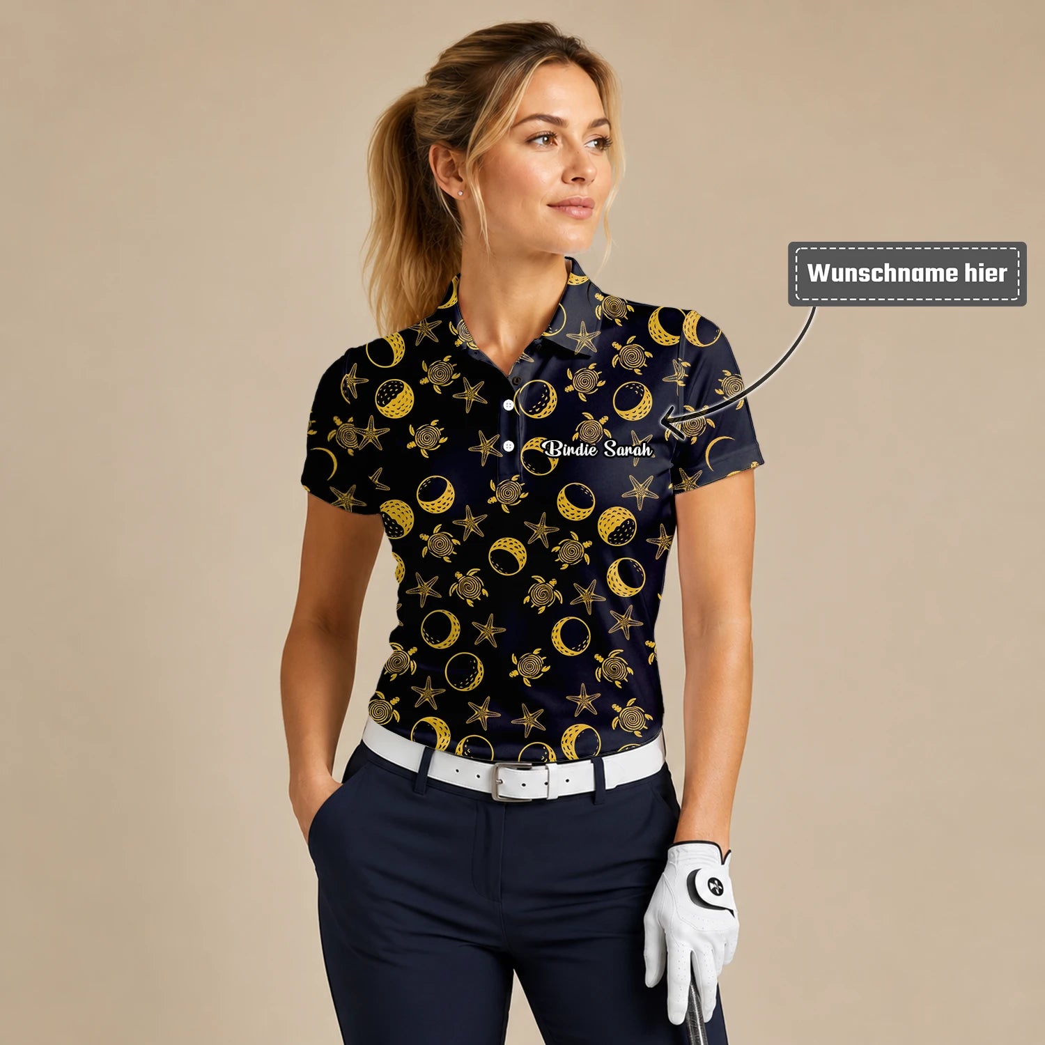 Personalisiertes Golf Poloshirt Schwarz Goldenes Meeresschildkröten Mond Stern Design für Damen V4483