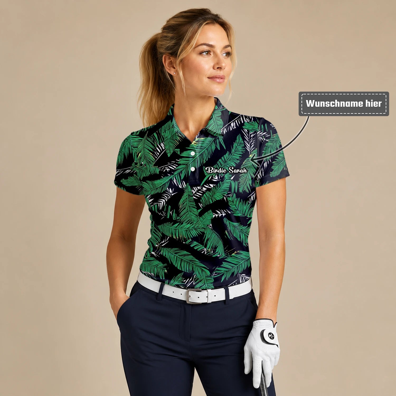 Personalisiertes Golf Poloshirt Schwarz Grünes Tropisches Bananenblätter Design für Damen K8023