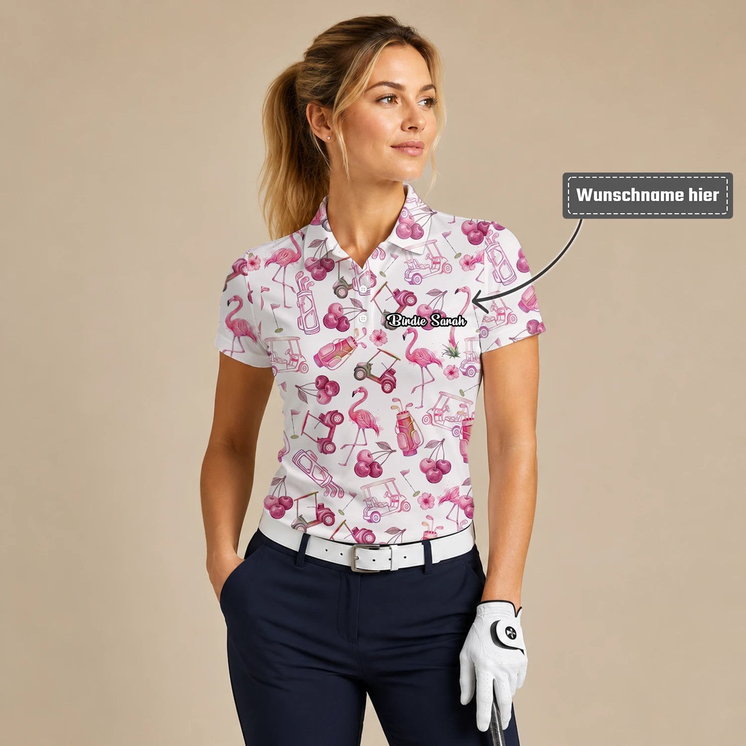 Personalisiertes Golf Poloshirt Creme Rosa Flamingo Golfcart Cocktail Design für Damen T9296