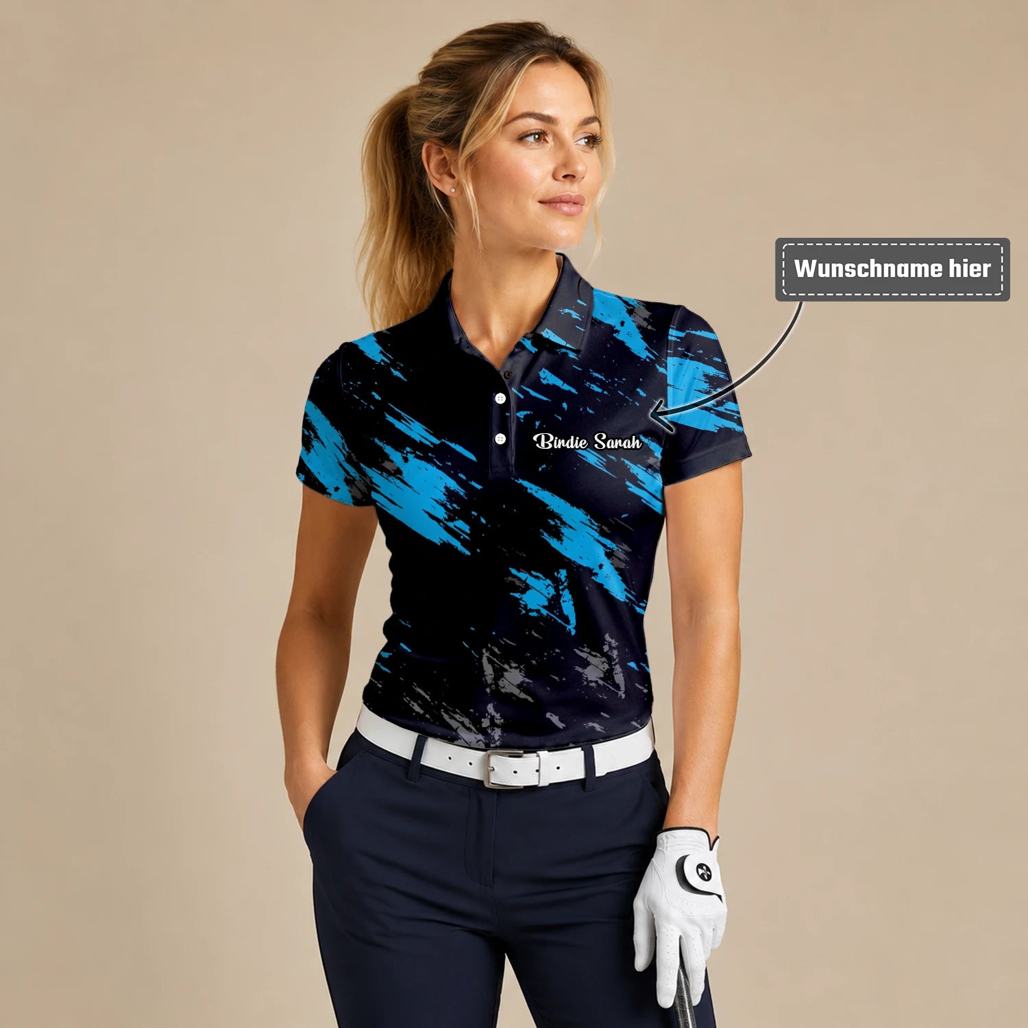 Personalisiertes Golf Poloshirt Schwarz Blaues Pinselstrich Design für Damen H3779