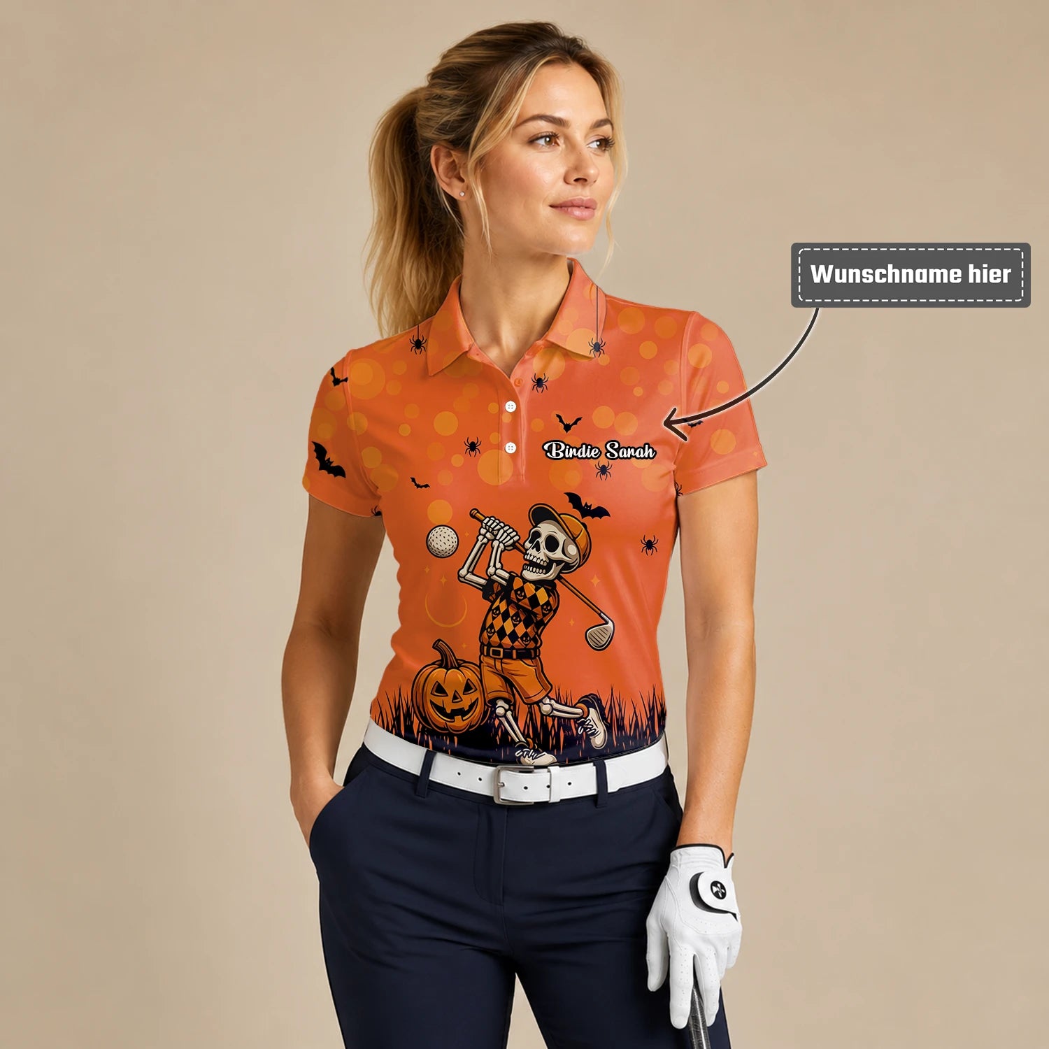 Personalisiertes Golf Poloshirt Orange Halloween Skelett Golfer Design für Damen D3851