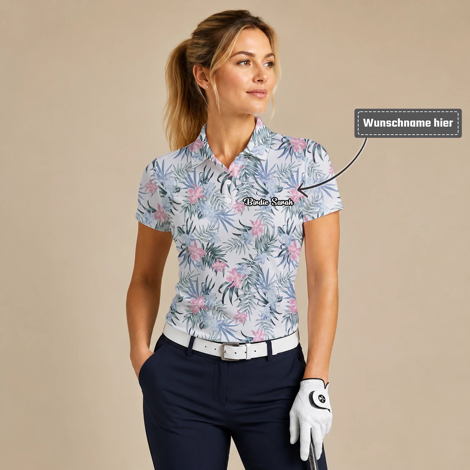 Personalisiertes Golf Poloshirt Weiß Rosa Tropisches Blumen Blätter Design für Damen C1037
