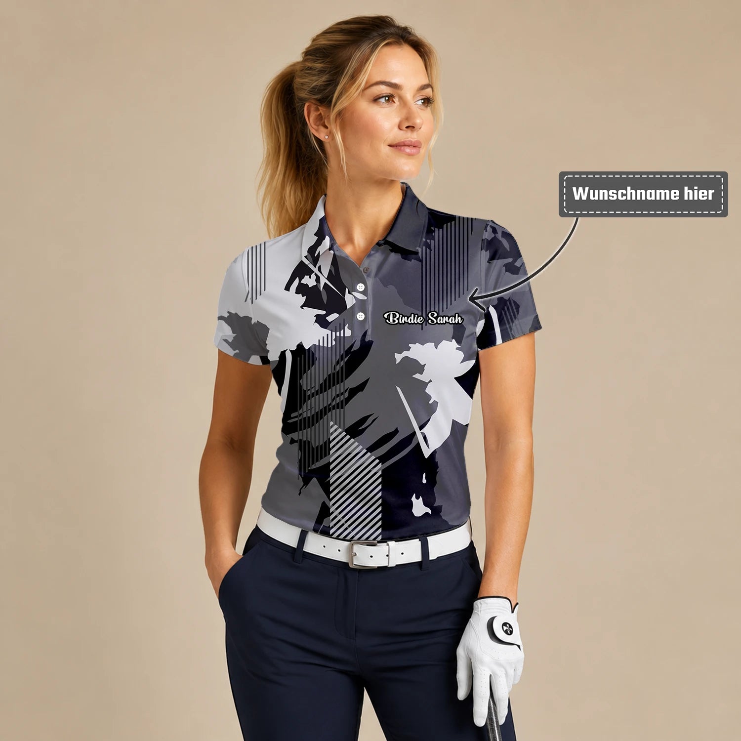 Personalisiertes Golf Poloshirt Grau Schwarzes Abstraktes Pinselstreifen Design für Damen I7293
