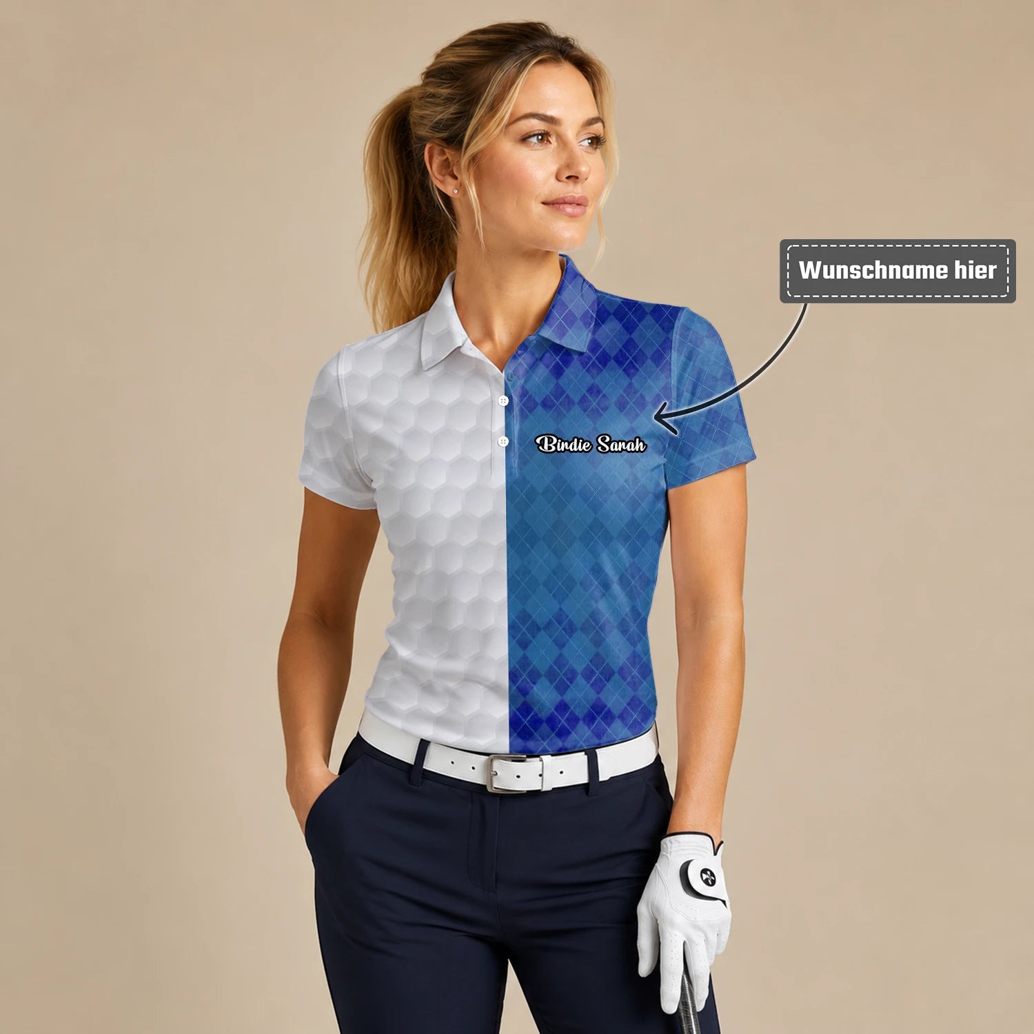 Personalisiertes Golf Poloshirt in Weiß-Blau mit Rautenmuster und Golfball-Textur für Damen X5072