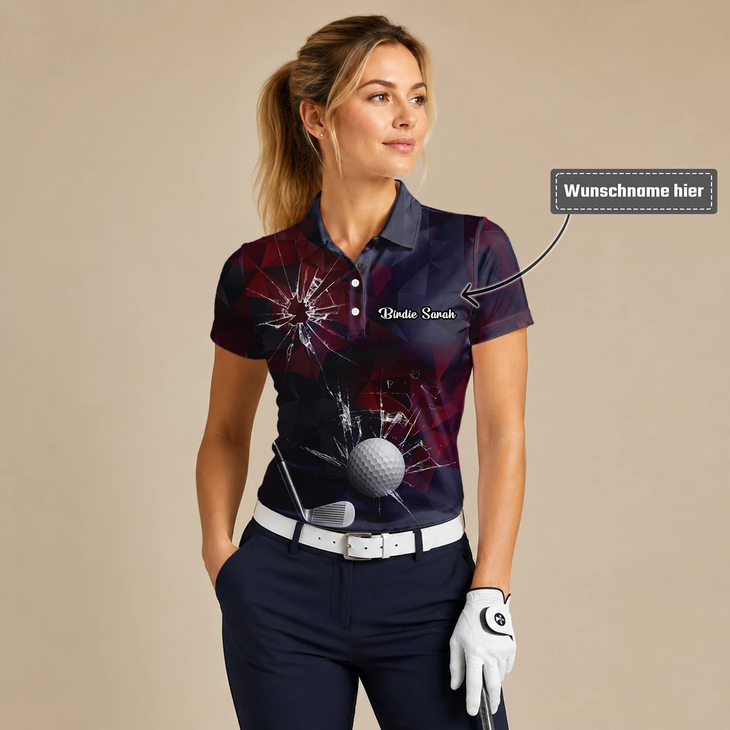Personalisiertes Golf Poloshirt Schwarz Bordeaux Golfball Glassplitter Design für Damen R4354