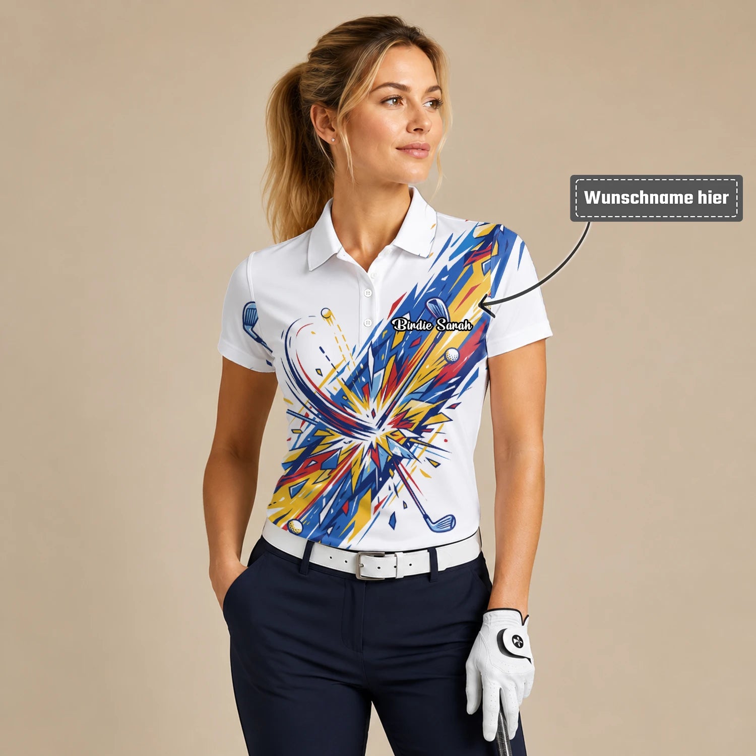 Personalisiertes Golf Poloshirt Weiß Blaues Golf Schwung Grafik Design für Damen B2869
