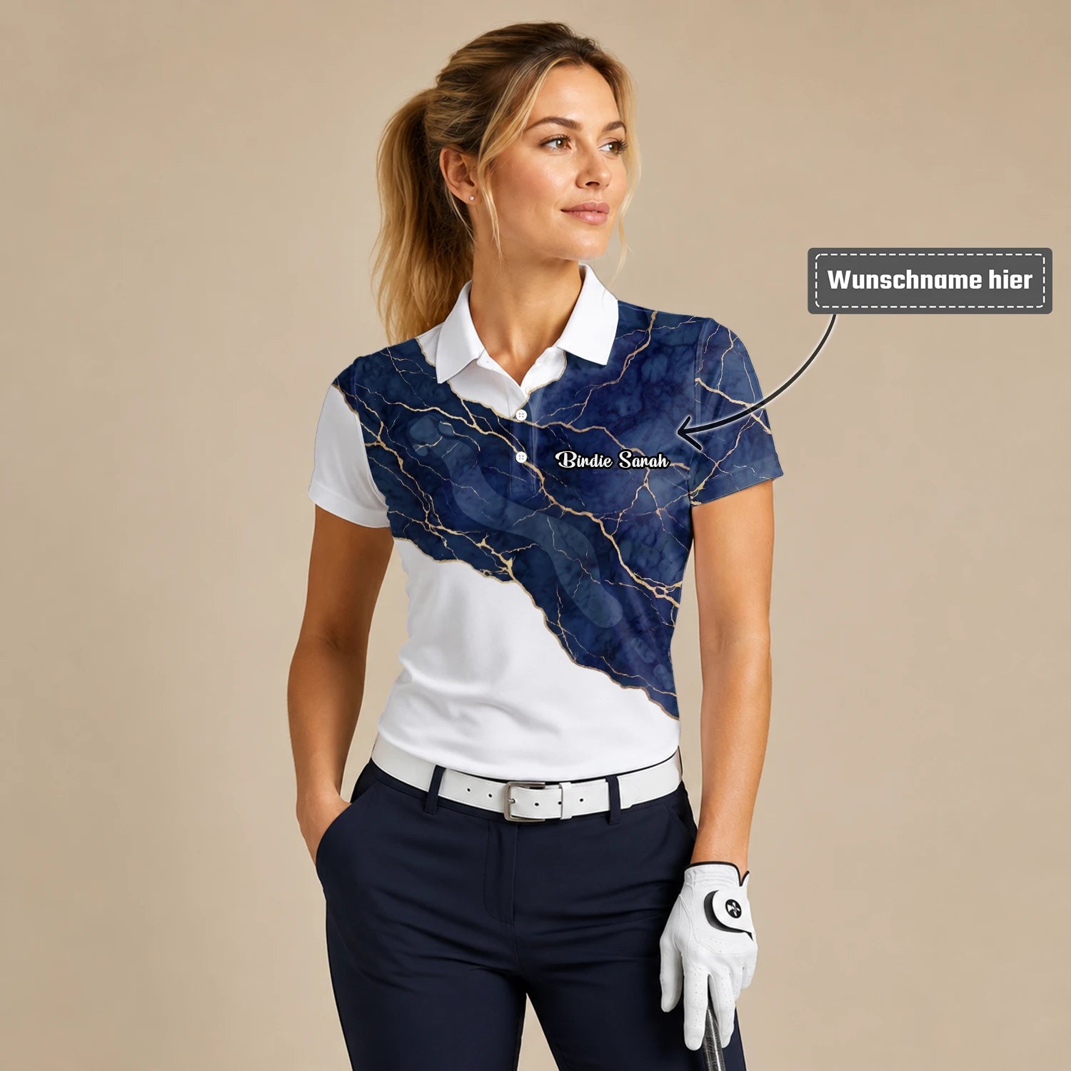 Personalisiertes Golf Poloshirt Weiß Marineblaues Marmor Goldadern Design für Damen B4939