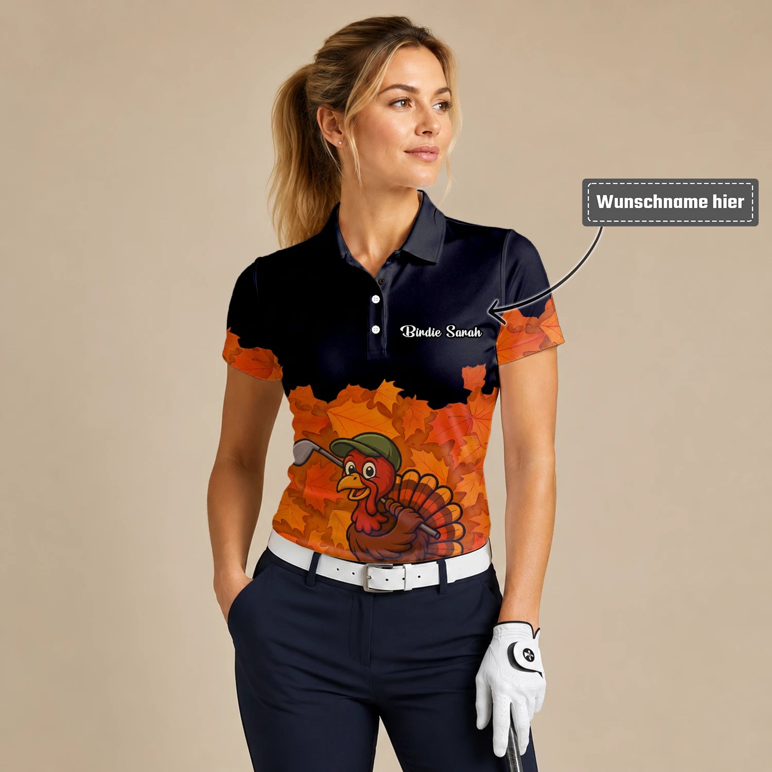 Personalisiertes Golf Poloshirt Schwarz Orange Thanksgiving Truthahn Golfer Design für Damen W0964