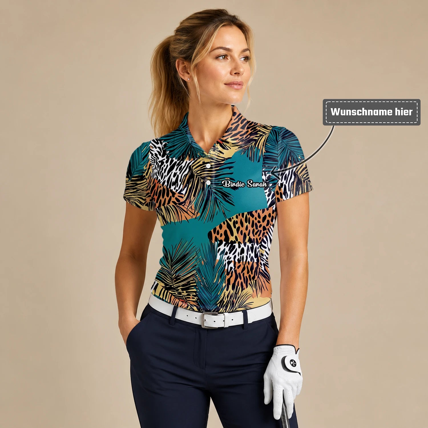 Personalisiertes Golf Poloshirt Türkis Orange Tropisches Palmen Animal Print Design für Damen A7122