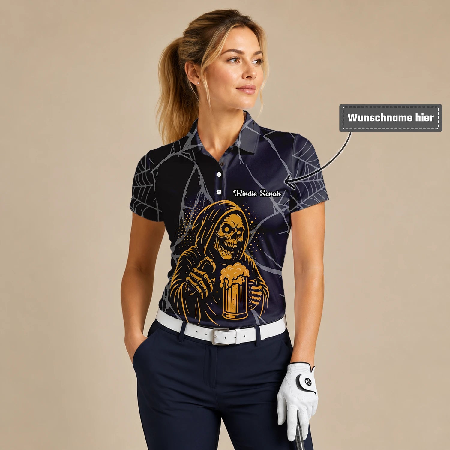 Personalisiertes Golf Poloshirt Schwarz Goldenes Sensenmann Bier Design für Damen J8667