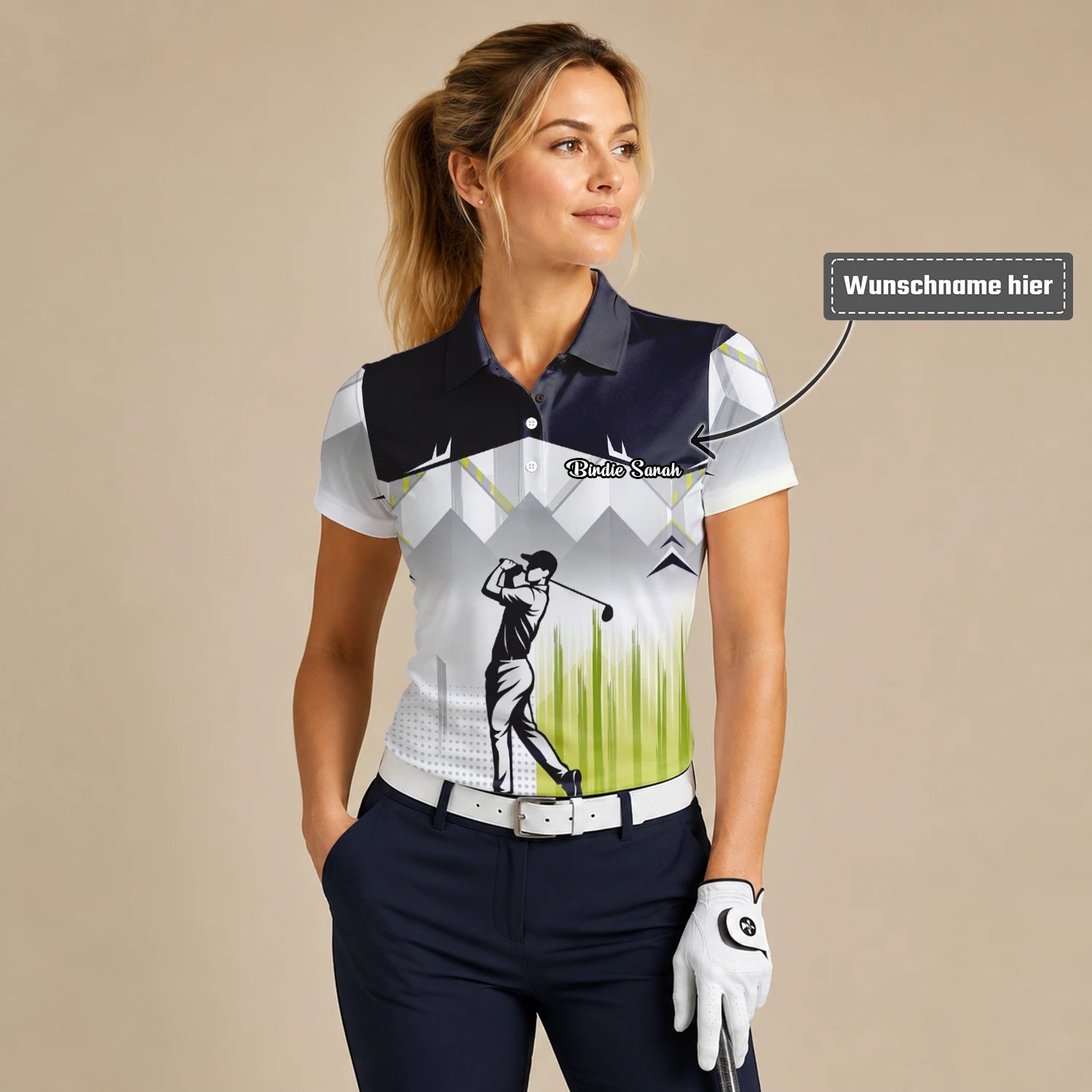 Personalisiertes Golf Poloshirt Schwarz Grau Limettengrünes Golfer Silhouetten Design für Damen F4552