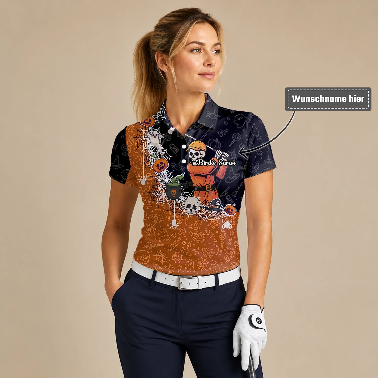 Personalisiertes Golf Poloshirt Schwarz Orange Halloween Skelett Golfer Spinnennetz Design für Damen Y5076