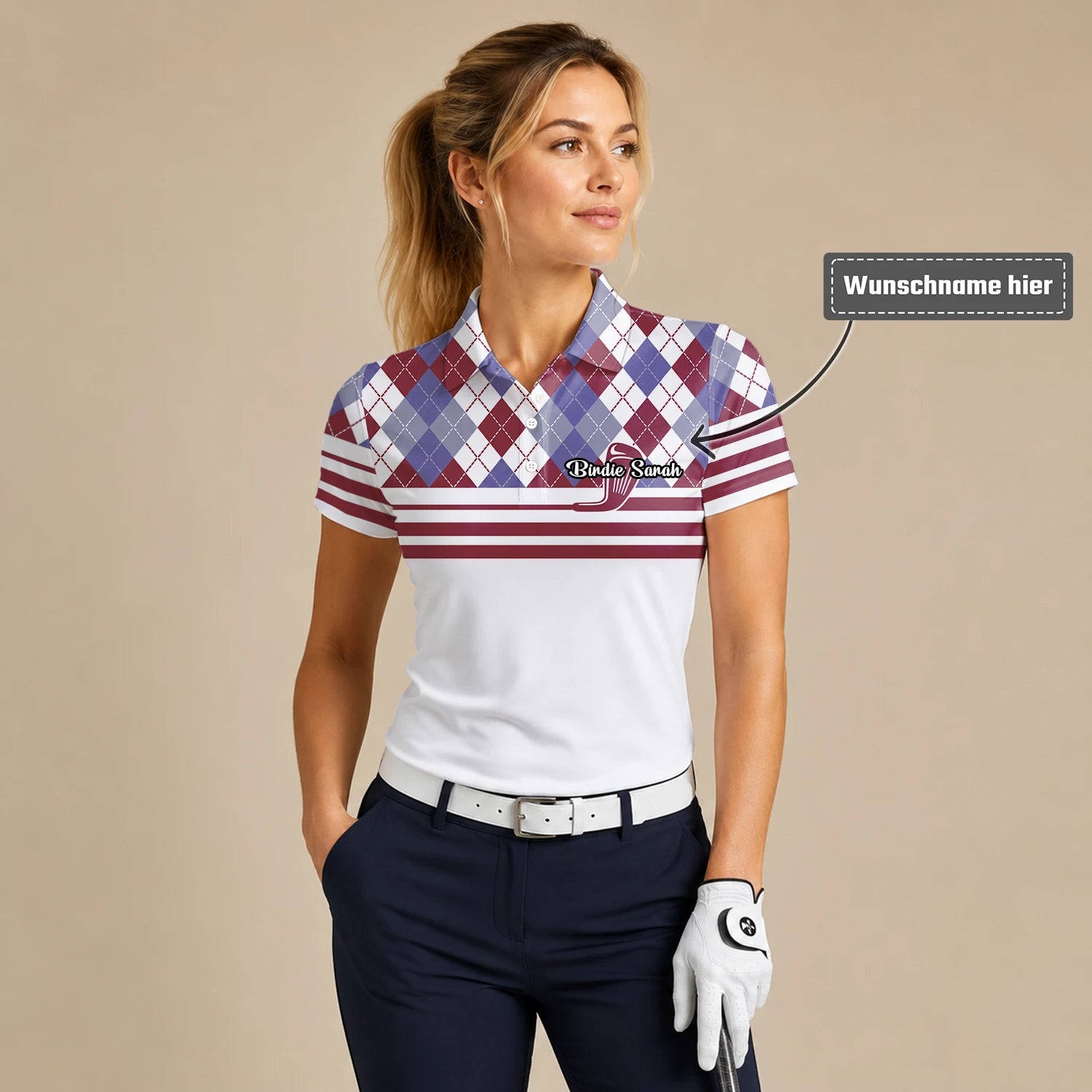 Personalisiertes Golf Poloshirt Weiß Bordeaux Rauten Golfschläger Streifen Design für Damen K9019