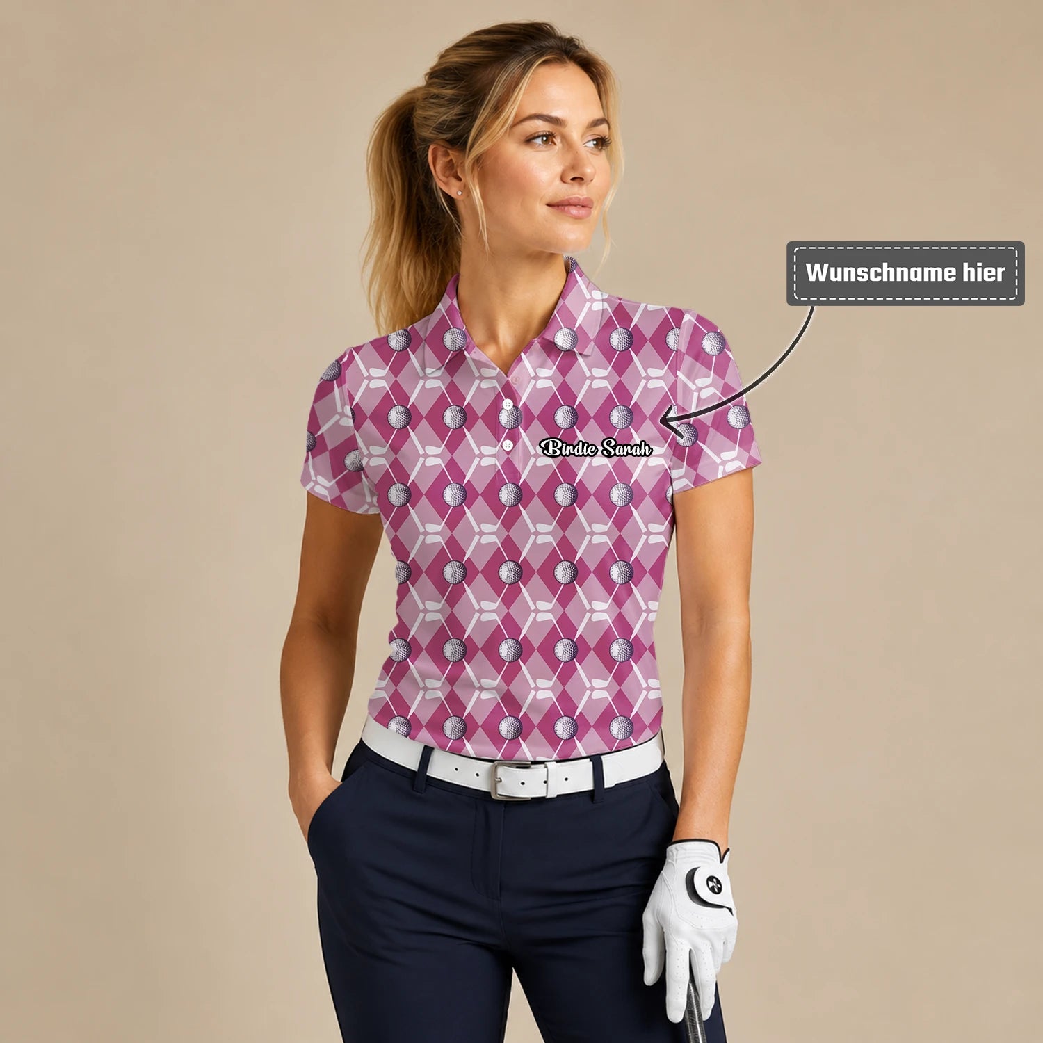 Personalisiertes Golf Poloshirt Rosa Rauten Golfball Design für Damen X0000