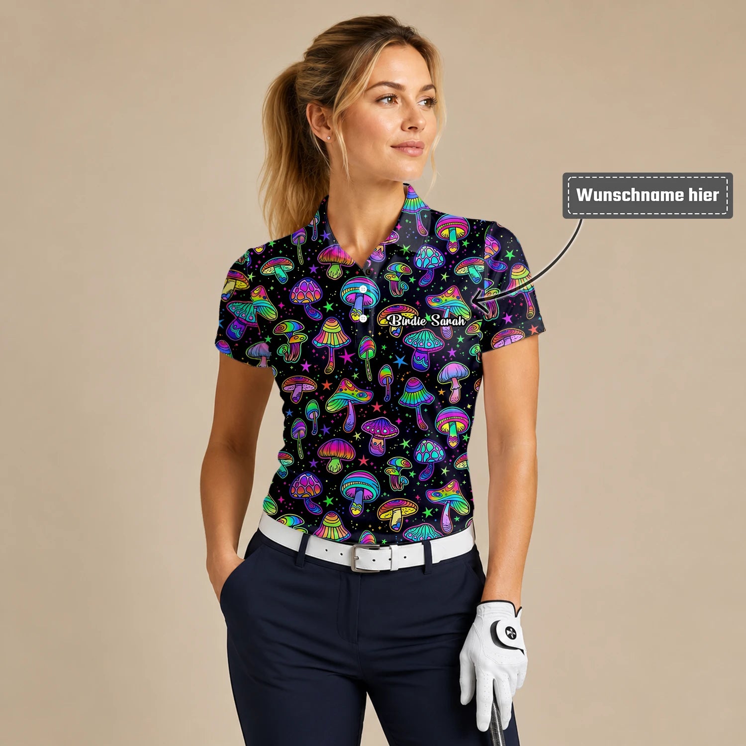 Personalisiertes Golf Poloshirt Schwarz Neon Pilz Psychedelisches Design für Damen L0182
