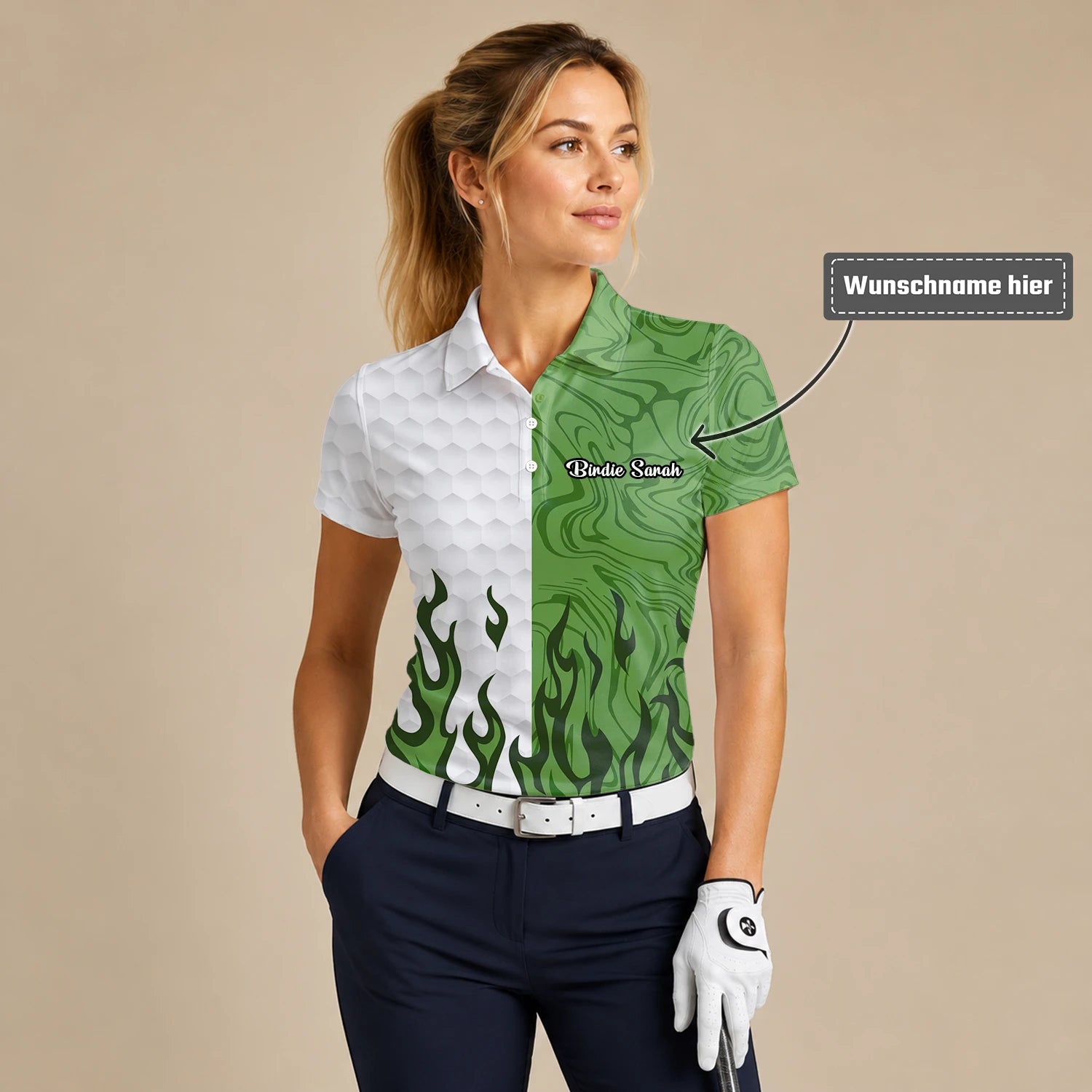 Personalisiertes Golf Poloshirt Weiß Grünes Flammen Marmor Design für Damen D2353