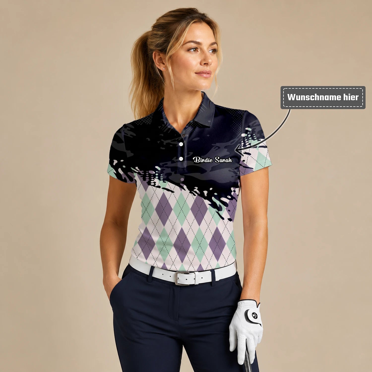 Personalisiertes Golf Poloshirt Schwarz Mint Lila Rauten Farbklecks Design für Damen C5124