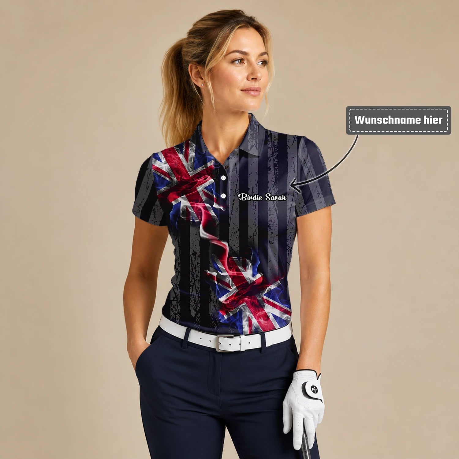 Personalisiertes Golf Poloshirt Schwarz Union Jack Blitz Design für Damen U9443