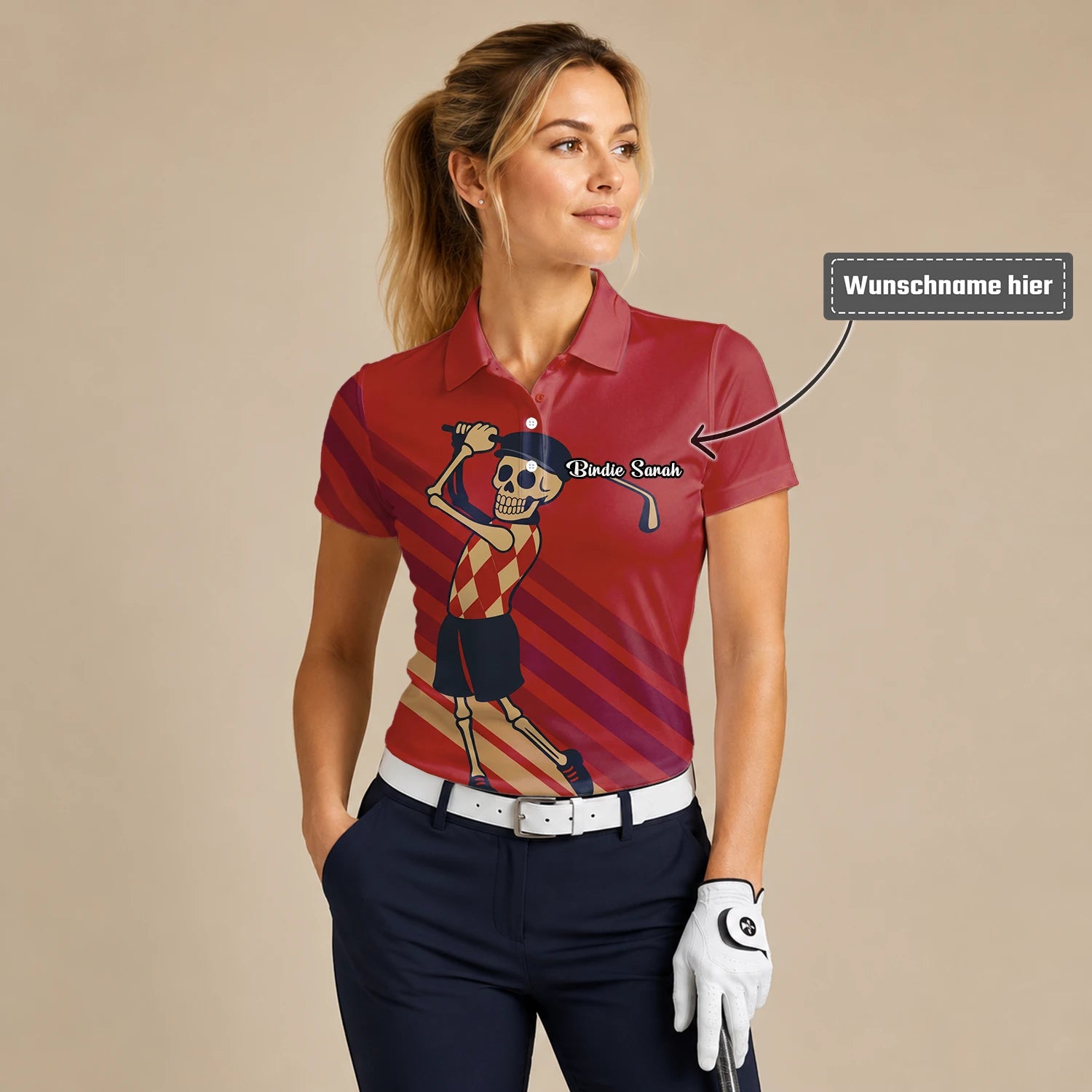 Personalisiertes Golf Poloshirt Rotes Skelett Golfer Cartoon Design für Damen F3648